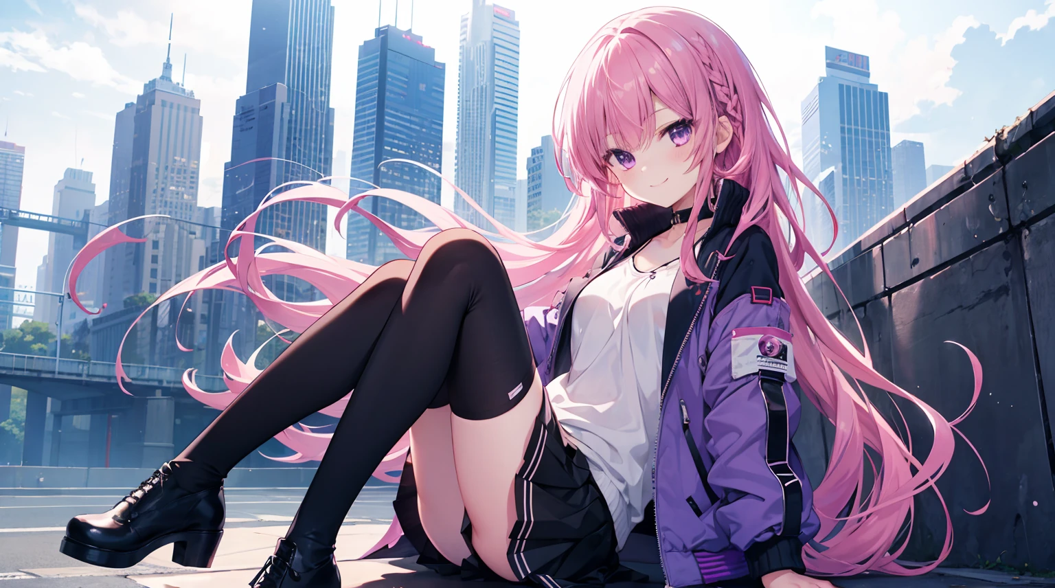 one-girl,soio,Pink Long Hair,Medium-hair long,dishiveredhair,black short skirt,Purple eye,gently smiling,, backdrop,Anime style 4k,Blue long sleeve denim bomber jacket,white blouse,Black vertical striped skirt,Short black socks,gray overboots ,Mitsukasa Ayase
