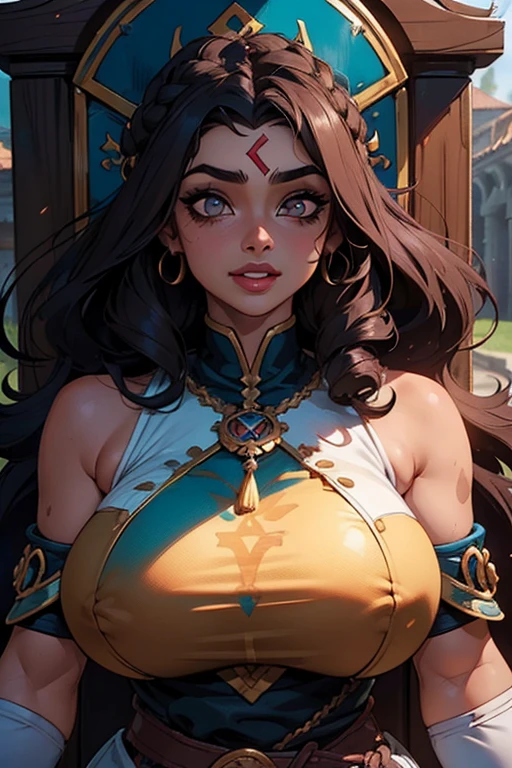 ((1 girl)), cabelo rosa, ((cabelos longos)), ((curly hair)), Ahoge, franja contundente, Caudas duplas baixas, ((((pele escura)))), olhos castanhos, (orelhas semicerradas, (Seios enormes), clivagem, coxas grossas, ((thick lips)), toupeira, quadris largos, coxas, short shorts, renda, eye reflection, pupilas espumantes, long eyeslashes, olhos anelados, Super Detalhe, best quality, Altas, UHD, pele texturizada, ((dentro)), ((trono)), ((sentado)), ((coroa)), ((sorriso)), ((sorriso maligno)),