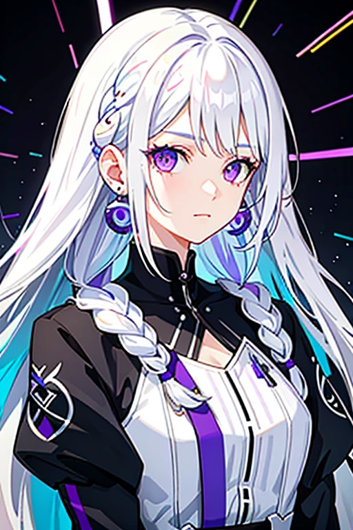 1girl, white hair, side_braid long wavy hair, multi colored hair, purple eyes, blue earrings, forehead shown, no bang hair, mask on head, sidelighting, light particles, wallpaper