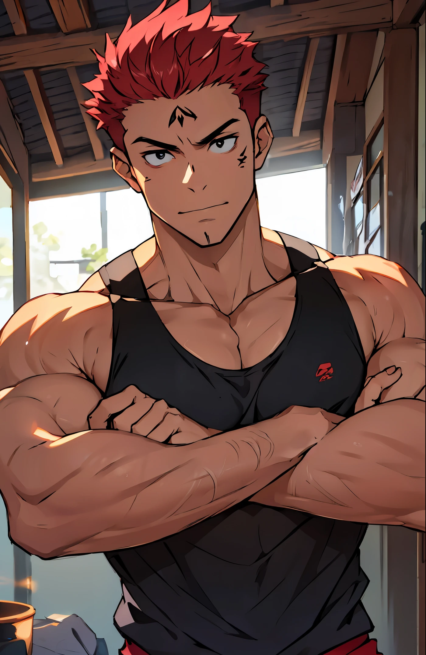 A mais alta qualidade, 8K, image high resolution, Detailed strokes, apoiado dentro da academia , suado, adolecente, Yuji Itadori, Red Hair , wearing a tank top , masculo, chest a little tight in the shirt , (angulo de baixo), ( Close no rosto), peitorais definidos, defined arms, abdomen definido, perna definida, com a camisa,