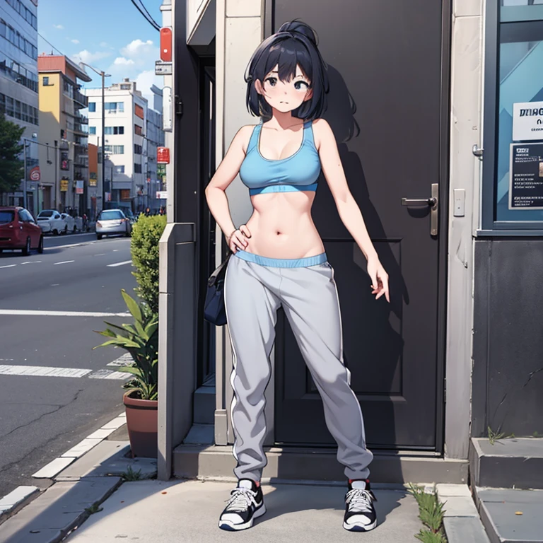 Sexy woman, blue sports bra, grey sweatpants, pants falling down, showing panties, sneakers, outside, full body, crowded city, embarassed, shy, sexy, standing