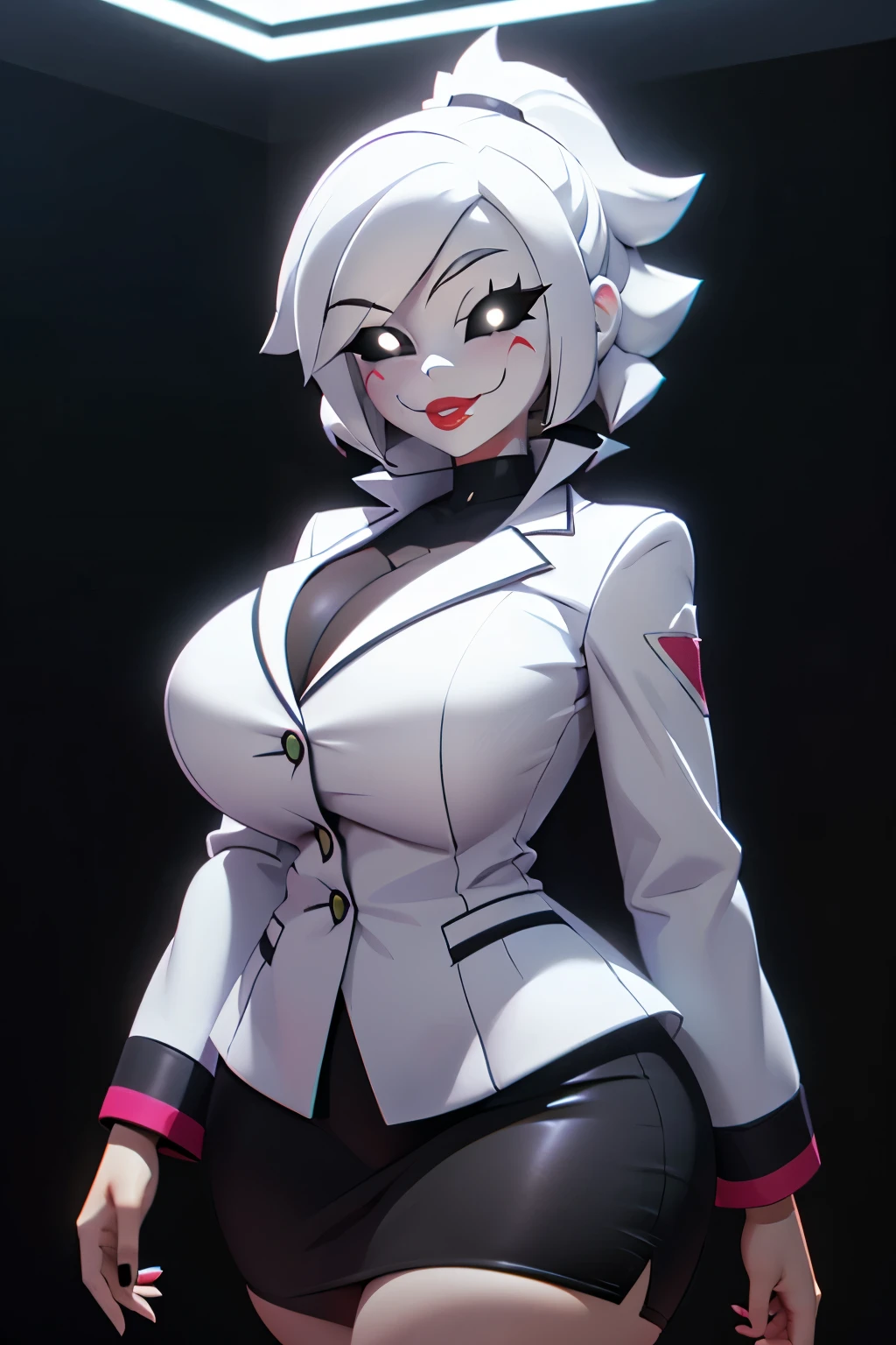 (best quality, masterpiece1.2), 1girl, solo, human, cally3d, (marie), white body, white hair, lips, red lipstick, white blazer, pencil skirt, woman, (black eyes), black sclera, white pupils, sexy, detailed, extreme detail, perfect lighting, 4k, black hair streaks,