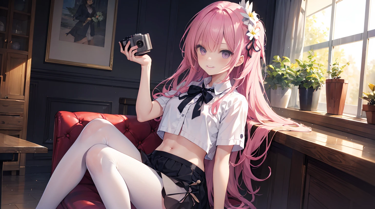 Purple eye,167cm height,55cm bust,RAW photogr, Camera gaze, ((quality, 8K, tmasterpiece: 1.3)), Focus sharp: 1.2, white shirt, black short skirt,nifty features, The best smile, adorable smile, Beautiful Woman with Perfect Style: 1.4, Slim abs: 1.2, mitsukasa ayase,Purple eye,Pink medium long hair, Smaller,, (natural soft light, : 1.1), Indoors,Indoors大厅里,Highly detailed skin texture while sitting on a chair, White transparent pantyhose,7 figures