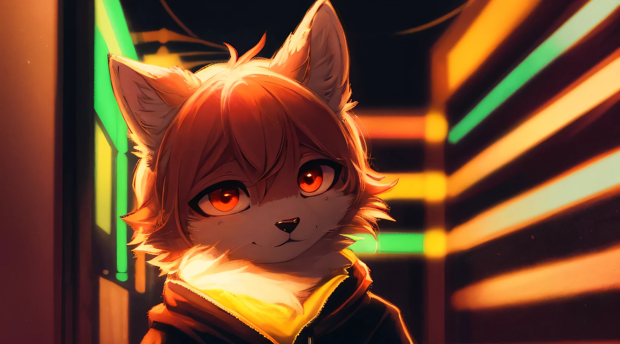 Cyberpunk cat casual outfit cute face, fluffy ears, medium bushy tail, Beautiful light and shadow bust, Highest quality fine lines and refined facial features, Good ambient light, Ultra-fine fur、Volumetric light is very detailed,Finest quality furry art