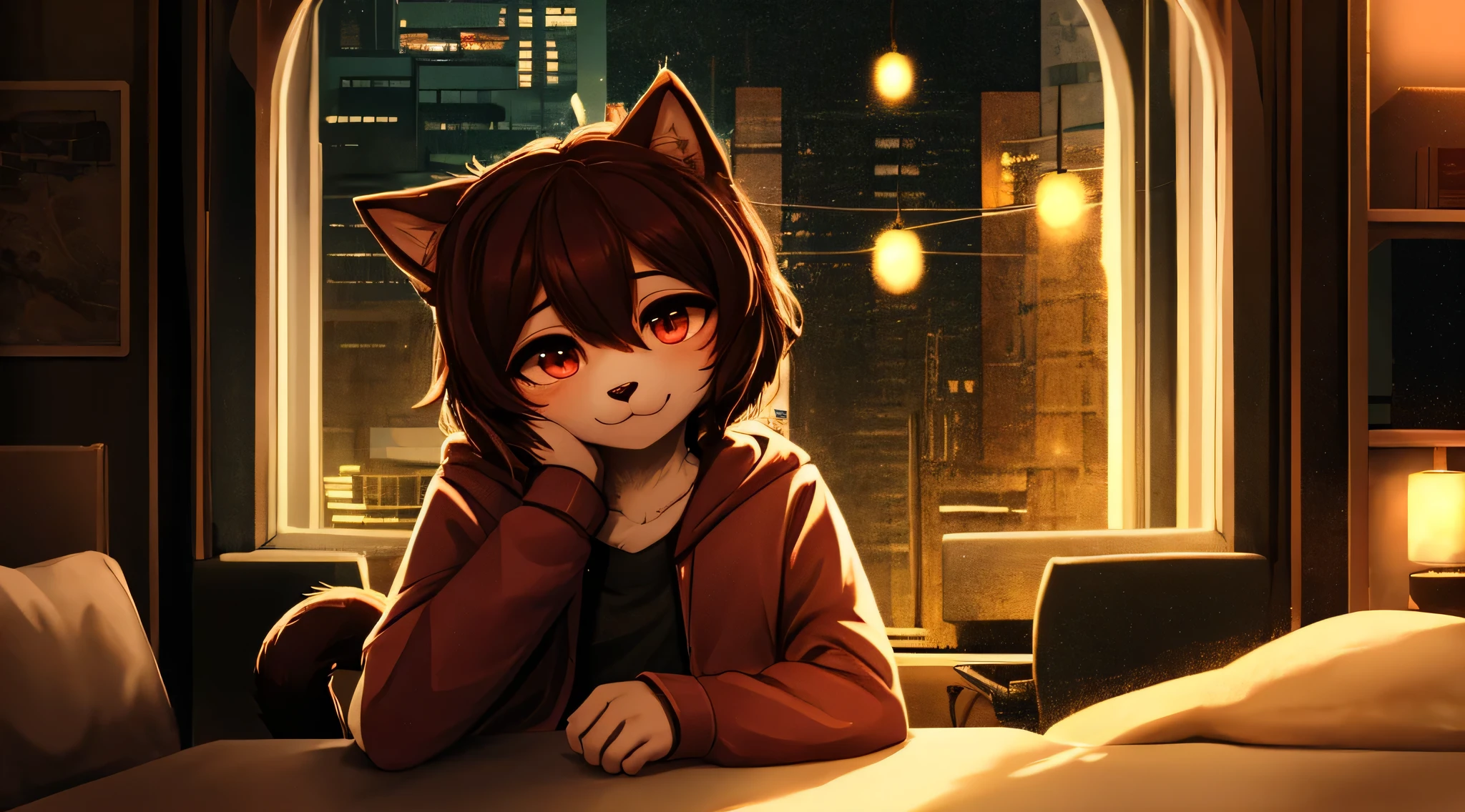 Cyberpunk cat casual outfit cute face, fluffy ears, medium bushy tail, Beautiful light and shadow bust, Highest quality fine lines and refined facial features, Good ambient light, Ultra-fine fur、Volumetric light is very detailed,Finest quality furry art