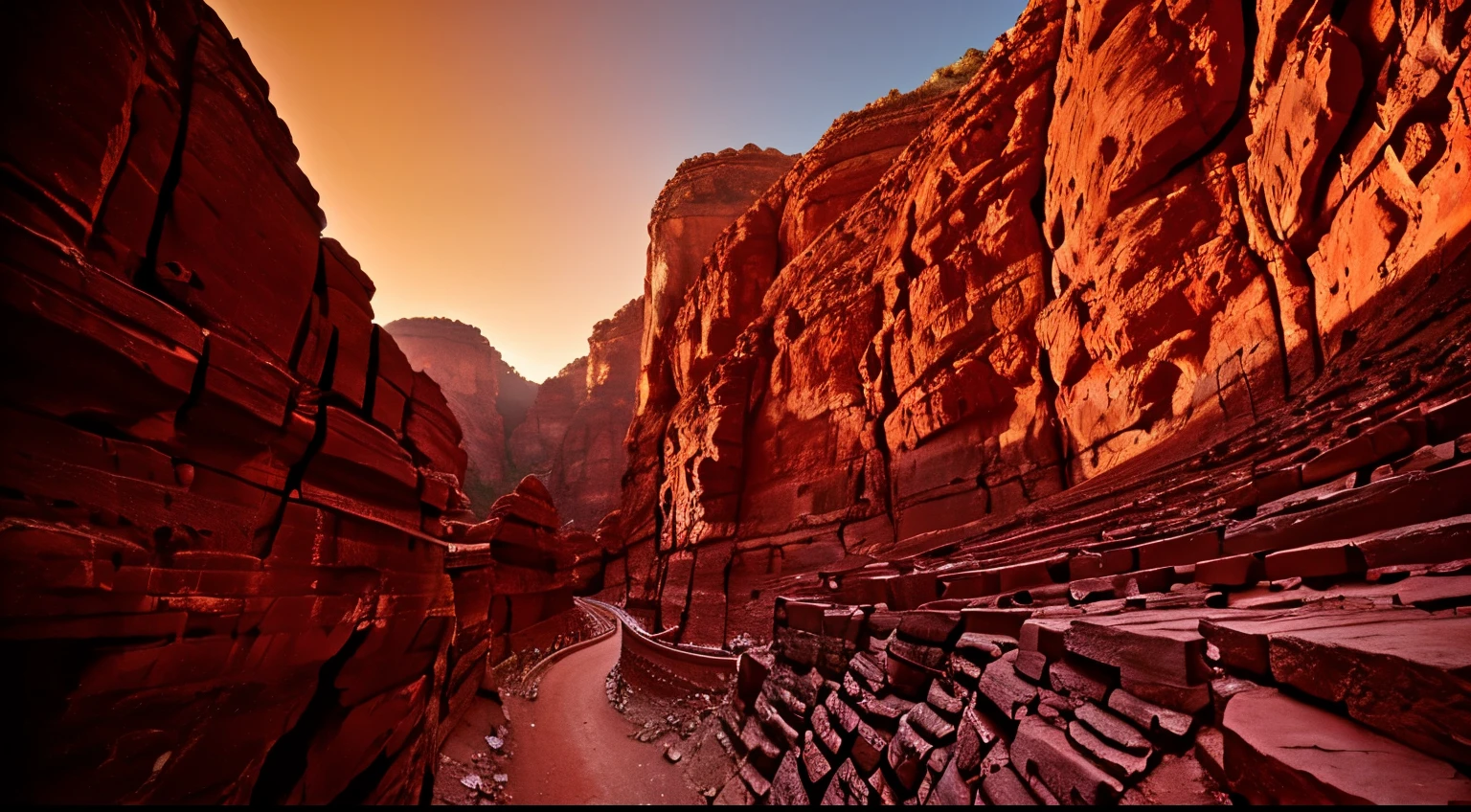 bottom view of a narrow rocky road between two high walls of red mountains. cinematic light, 4k hdr, lens 28mm