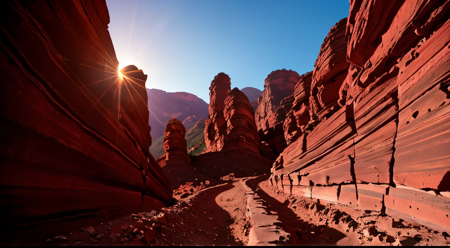 bottom view of a narrow rocky road between two high walls of red mountains. cinematic light, 4k hdr, lens 28mm
