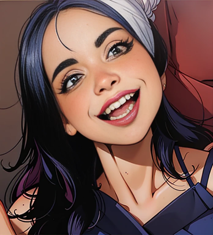 mulher sorridente com longos cabelos pretos e brincos rosa em um vestido preto, pintura digital dos desenhos animados, digital panting, pintura digtial, dor digital, retrato digital, oilpainting style, em um oilpainting style, painitng digital, retrato colorido detalhado, retrato de arte digital, dramatic smile pose intricate, em estilo de pintura digital, paiting digital