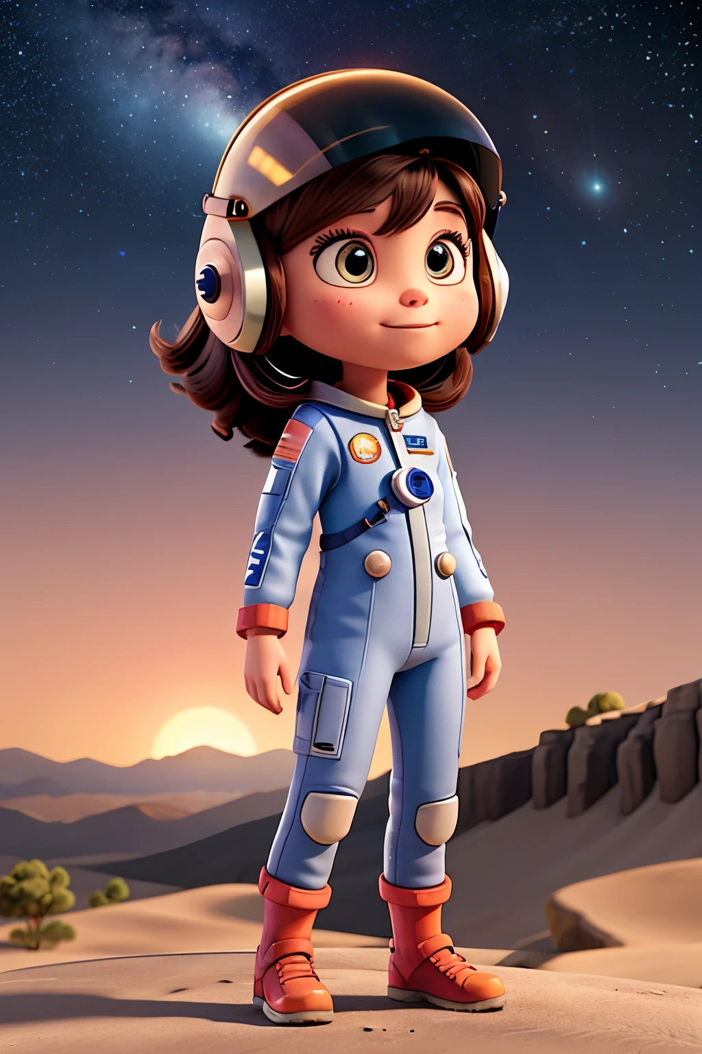 Starla is a little astronaut with silver spacesuit adorned with tiny stars and a helmet, Her helmet reflects the galaxy, and her eyes shimmer with the wonders of the cosmos, has A small flag of Alegrolandia attached to her suit, representing the magic of her space adventures, multiple poses and variations of the same person,  variations of poses from the same person