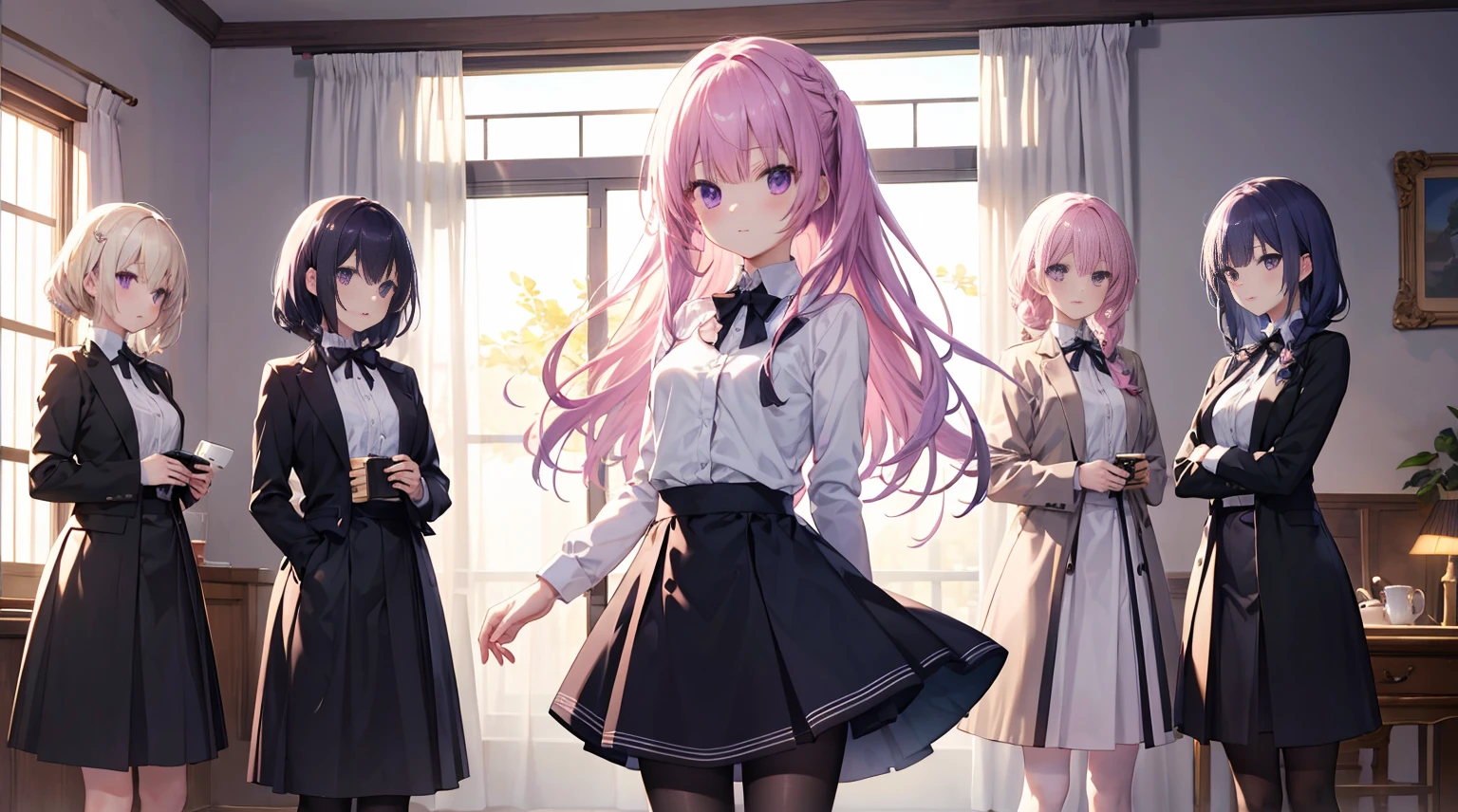 Purple eye，167cm height，55cm bust，RAW photogr, Camera gaze, ((quality, 8K, tmasterpiece: 1.3)), Focus sharp: 1.2, white  shirt, black short skirt，, mitsukasa ayase,Purple eye，Pink medium long hair， Smaller,, (natural soft light, : 1.1), Indoors，Indoors大厅里，, White transparent pantyhose，7 figures