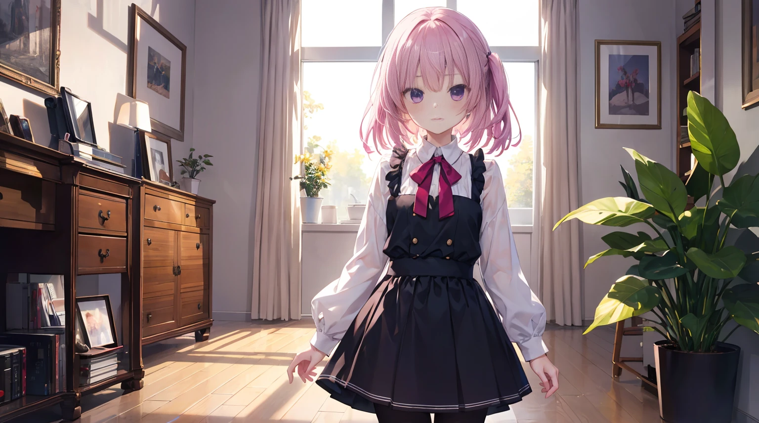 Purple eye,167cm height,55cm bust,RAW photogr, Camera gaze, ((quality, 8K, tmasterpiece: 1.3)), Focus sharp: 1.2, white shirt, black short skirt,, mitsukasa ayase,Purple eye,Pink medium long hair, Smaller,, (natural soft light, : 1.1), Indoors,Indoors大厅里,, White transparent pantyhose,7 figures