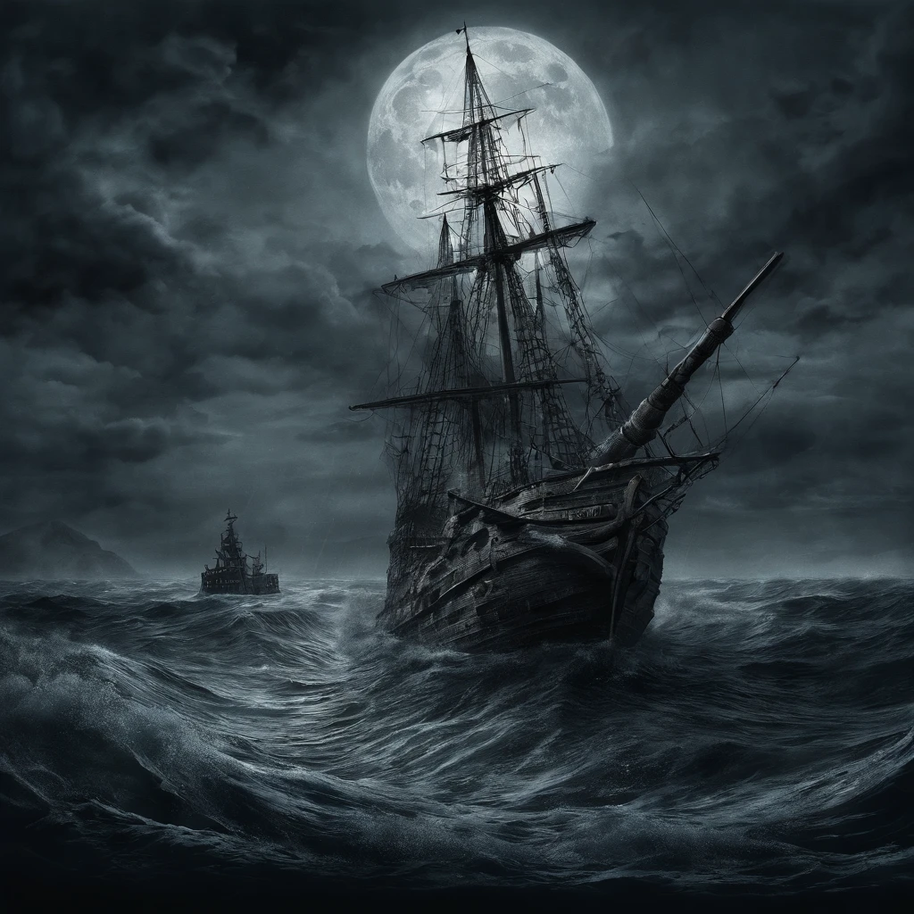 ((kraken) crawls along the board of a pirate carrack), night, very big moon, lighthouse, beam of light from the lighthouse, tense atmosphere, (huge detail, hyper realistic, epic scale, insane level of details)