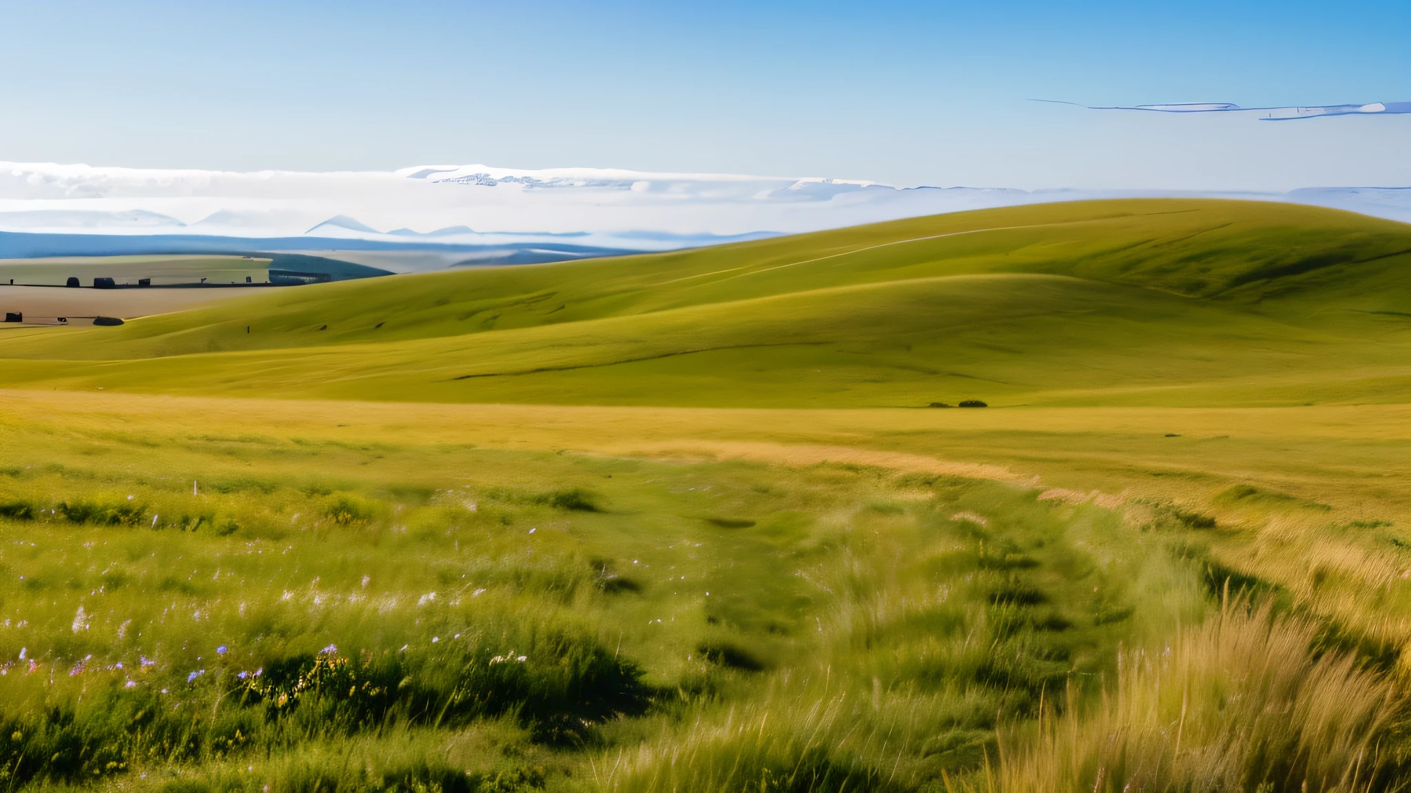 at noon, highland , plain, grass field, Gentle hills, early summer, crystal clear skies