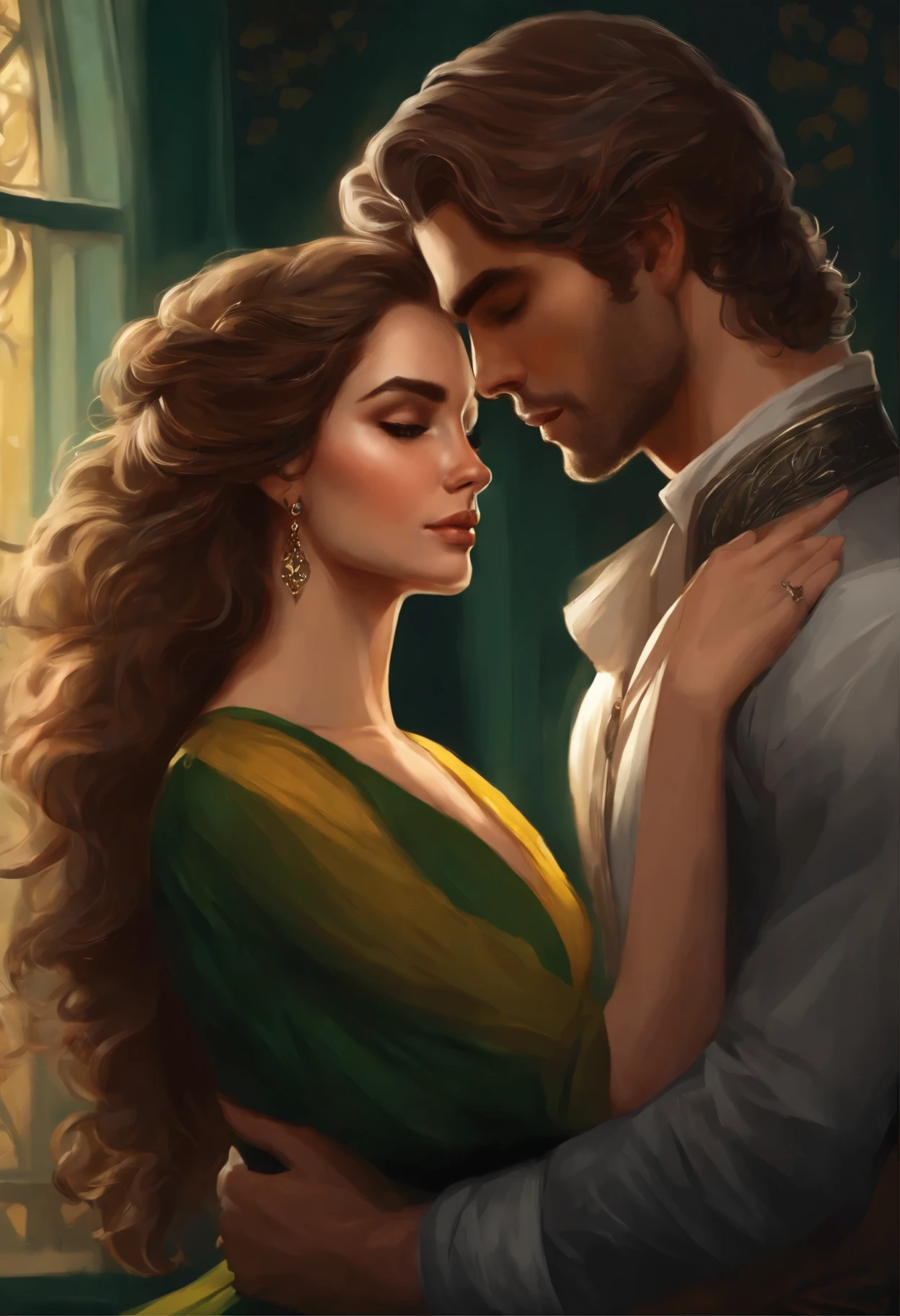 Couple of people, who hug each other in the room (young woman with brown curls, green eyes, and a young gray-haired man with yellow eyes) , romance novel cover, magali villeneuve', inspired by Magali Villeneuve, in the art style of bowater, charlie bowater and artgeem, Edmund Blair and Charlie Bower, Painting of the Romantic era, style of charlie bowater, charlie bowater art style, in style of charlie bowater