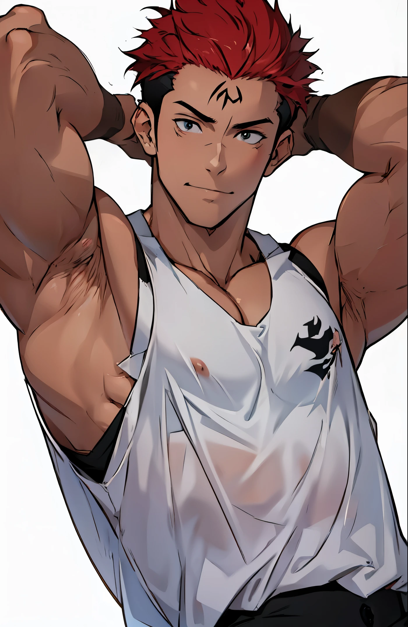 A mais alta qualidade, 8K, image high resolution, Detailed strokes, apoiado dentro da academia , suado, adolecente, Yuji Itadori, Red Hair , wearing a tank top , masculo, chest a little tight in the shirt , (angulo de baixo), ( Close no rosto), peitorais definidos, defined arms, abdomen definido, perna definida, com a camisa,