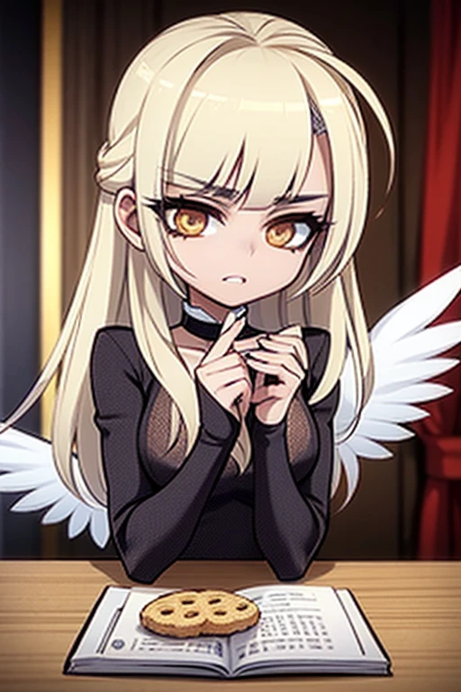 A light golden haired female angel with hazel eyes and white feathers with golden feathers is eating a cookie