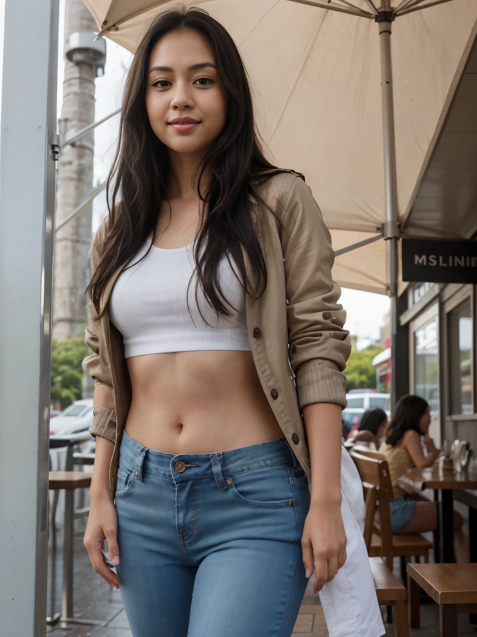 photorealistic, best quality, hyper detailed, Tala, cute Hawaiian girl, very short, skinny, long dark hair, curvy, lips closed with a hint of a smile, detailed face, detailed lips, best shadow, RAW, instagram LUT, rain, morning, hair slightly wet, wearing jeans and a light jacket, near a coffee shop