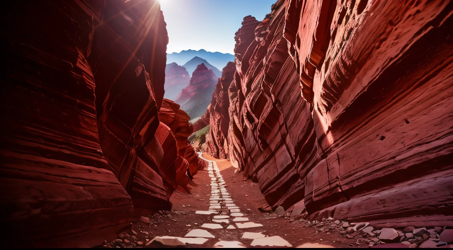 bottom view of a narrow rocky road between two high walls of red mountains. cinematic light, 4k hdr, lens 28mm