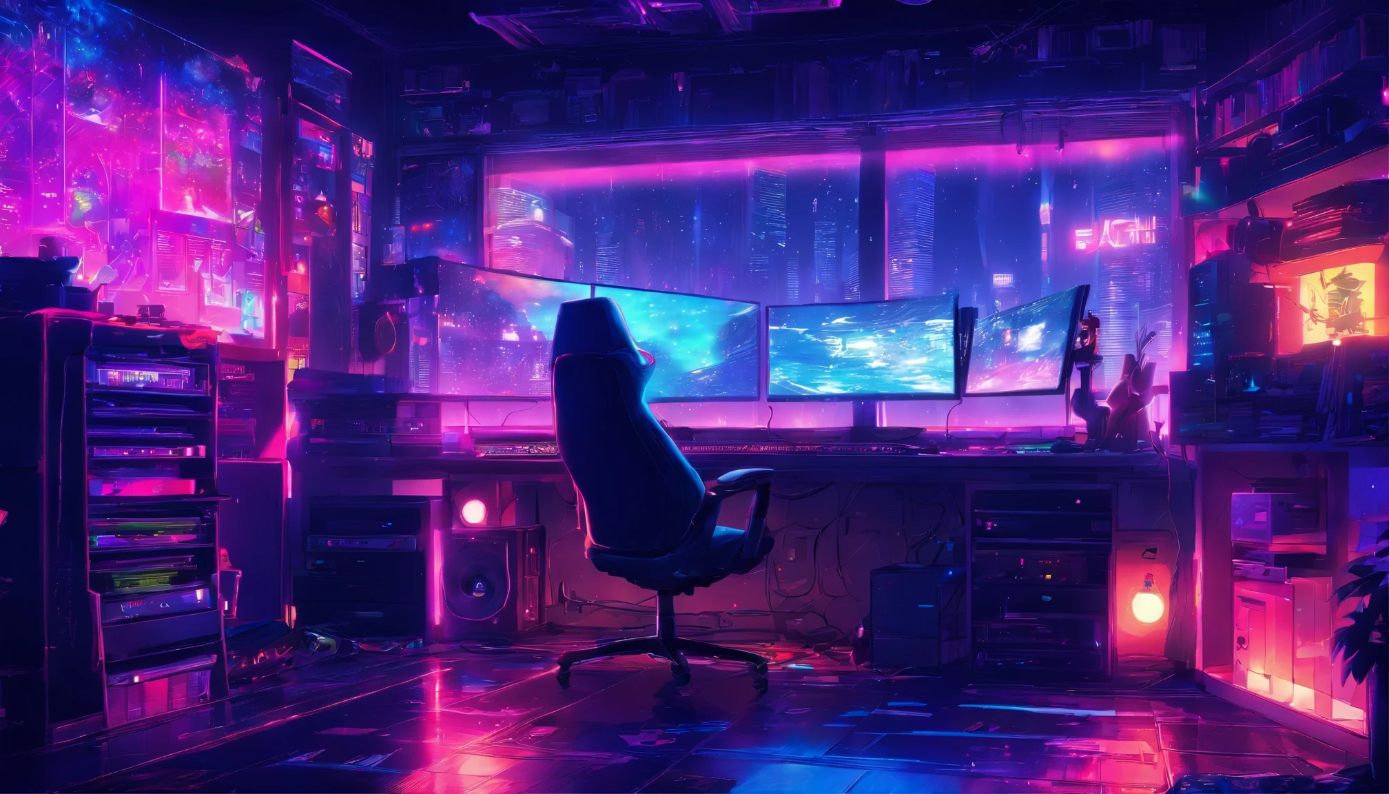 Music study room,dim room, Noche, ordenador, teclado, auricular, Monitorizar el altavoz, Small Lights, fondo, sofa, lluvia, cielo nocturno, Ciudad Nocturna, absurdos, cyberpunk, A high resolution, ultrasharp, 8k, Obra maestra