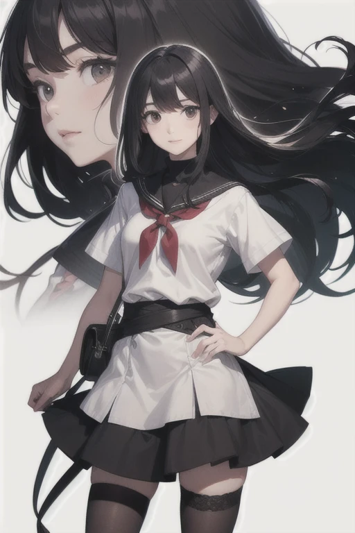 Plain white background,Asian girls,Hair color black with a little red,Elegant and steady temperament,long whitr hair,The face is delicate,Wear a Japanese school uniform,short- sleeved,Loose turtleneck,White dressed in black dress,Knee-length stockings,Decorated with tassels,The kind of magic college,A small rectangular bag tied to the leg or waist,Standing,hands on sides of body,The weapon in hand is a black knife,The skirt is slightly longer