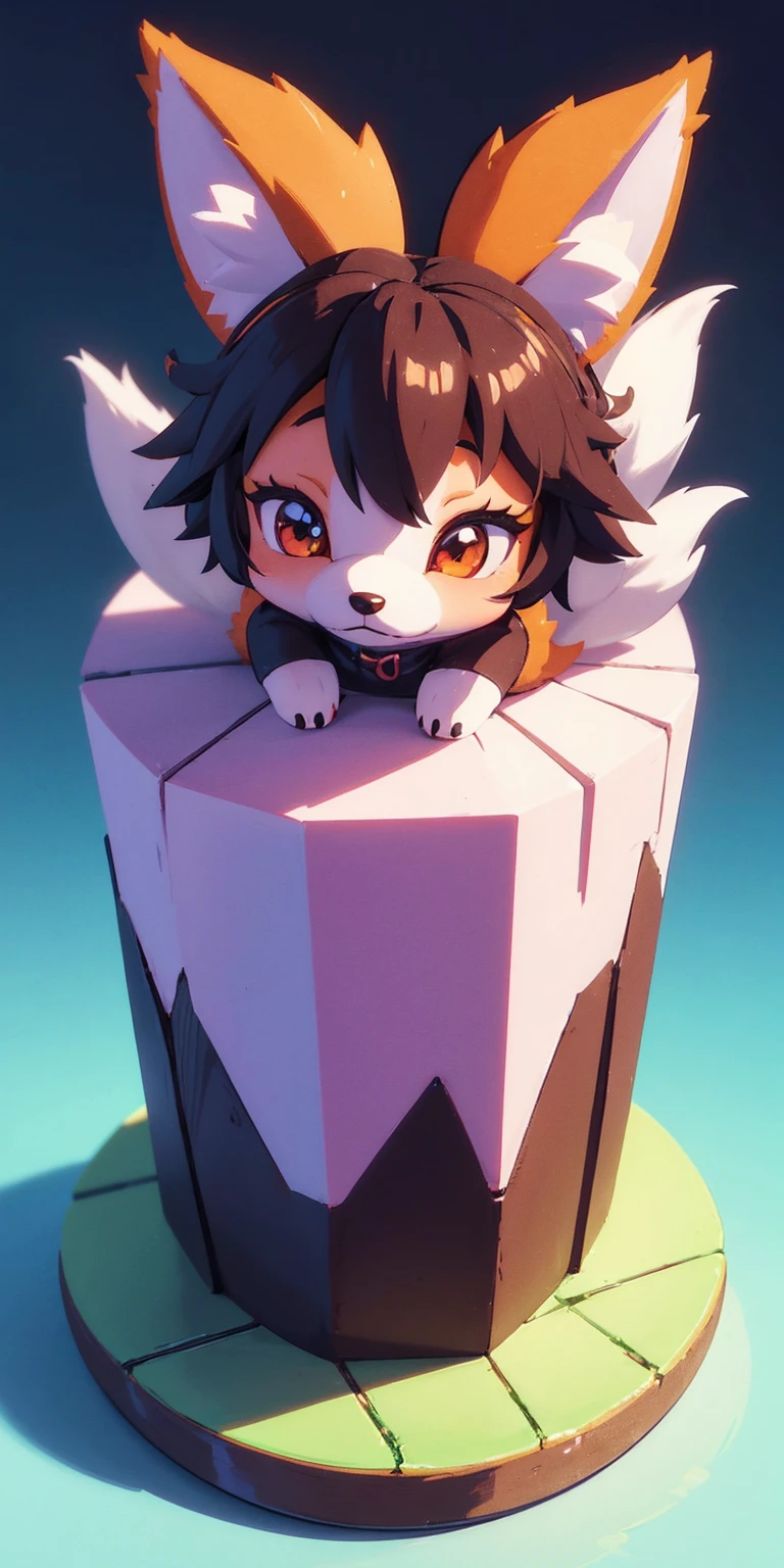 cartoon illustration of a furry little fox sitting on a dark surface, cute detailed digital art, cute 3 d render, adorable digital painting, cute digital art, isometric 3d fantasy cute dog, fox from league of legends chibi, cute fox, 3 d render stylized, stylized 3d render, blender eevee render, stylized as a 3d render