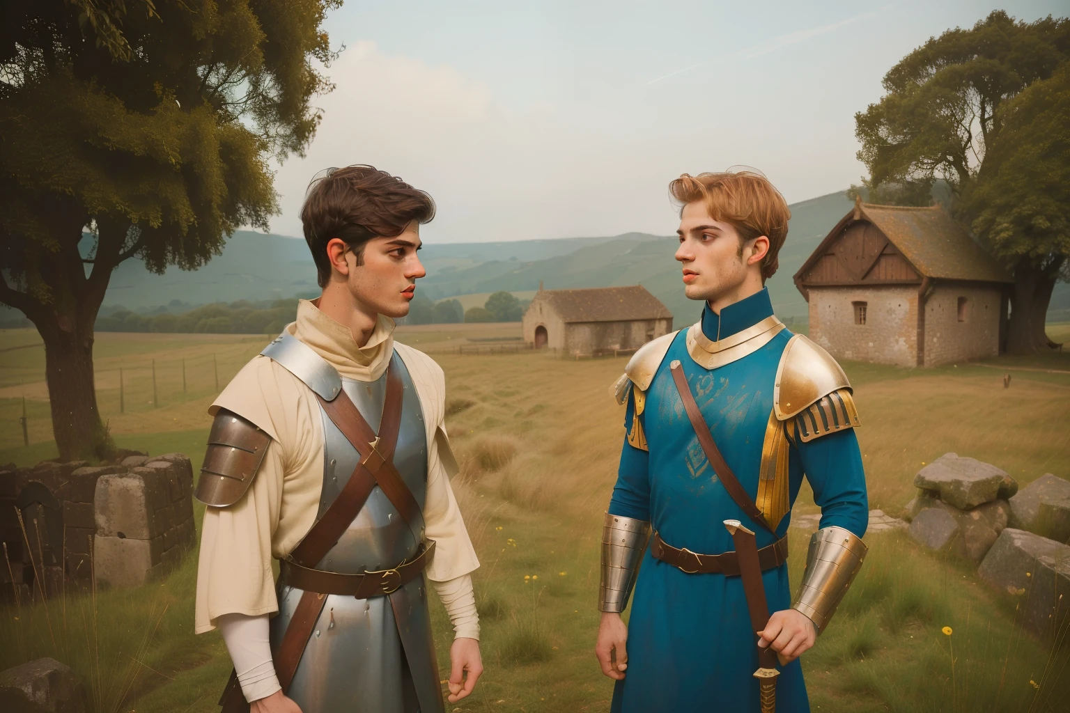 1152, Shiring, England. Otherworldly scene outside a medieval mill, ((((29-year-old)) Matthew Daddario)), knight, sword fight, battle, figthing with ((((35-year-old)) Hunter Parrish)), ((victorious expression, furious)), ((((tunic from the 12th century)))), ((Hairstyle of the 12th century)), ((Wes Anderson cinematic style)), colorful