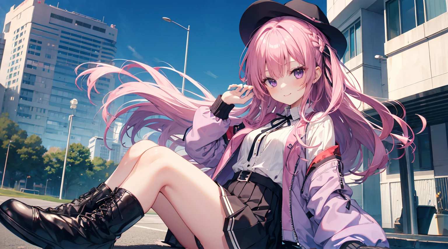 one-girl，soio，165cm height，55cm bust，Pink Long Hair，Medium-hair long，dishiveredhair，black short skirt，Purple eye，gently smiling，, backdrop，In Park，Anime style 4k,Blue long sleeve denim bomber jacket，Small jacket，white blouse，Black vertical striped skirt，White stockings，Gray lace-up boots ，Mitsukasa Ayase