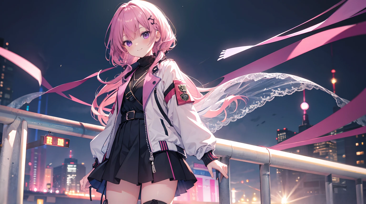 one-girl，soio，165cm height，55cm bust，Pink Long Hair，Medium-hair long，dishiveredhair，black short skirt，Purple eye，gently smiling，, backdrop，In Park，Anime style 4k,Blue long sleeve denim bomber jacket，Small jacket，white blouse，Black vertical striped skirt，White stockings，Gray lace-up boots ，Mitsukasa Ayase