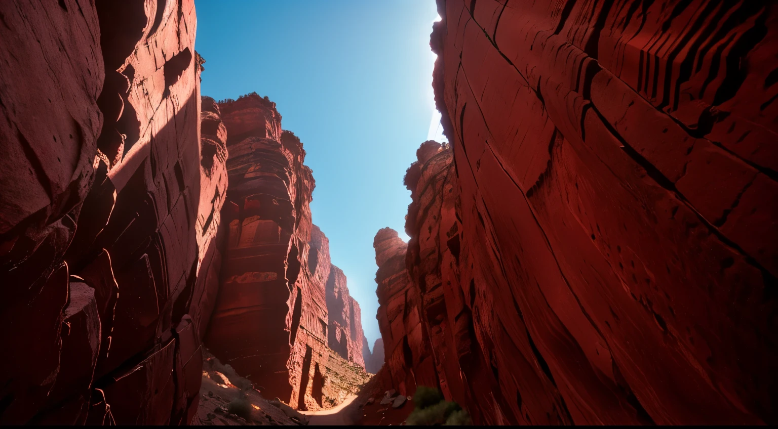 view from below of a narrow rocky passage between two high walls of red mountains. cinematic light, 4k hdr, lens 28mm