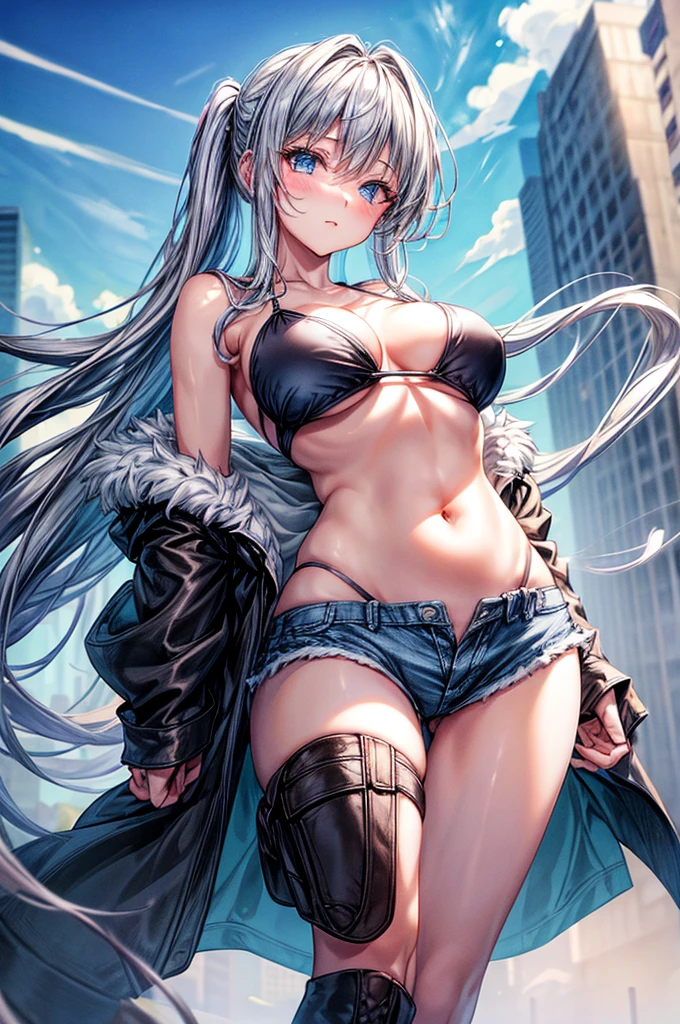 （Enrich the picture，Masterpiece level quality）Beautiful 8K CG artwork,1girl,solo,detailed face, perfect face, perfect eyes,blue eyes,Long Hair, pony tail,Very long hair,grey hair,chuckle,Slim and soft,big breasts,cleavage,Black Bikini,denim short shorts,open shorts,oversized white fur coat,white coat, open belly,open breasts,hands in coat pocket,combat boots,