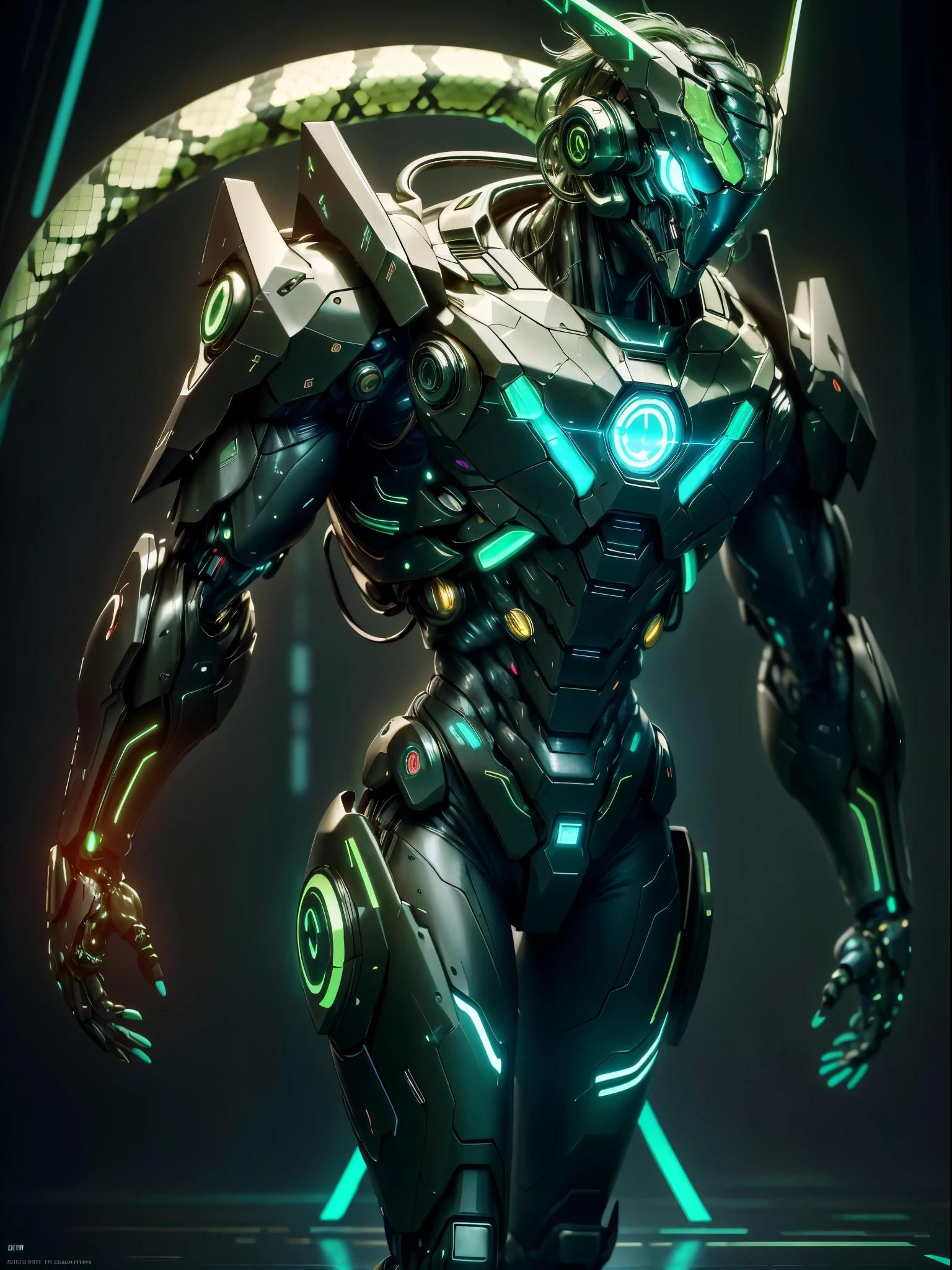 realistic,shiny,reflective,bioluminic, galactic cybernetic mask,mecha,( Snake Cyborg:1.2)sh4g0d,GlowingRunes_green, slim body, fullbody, cinemnatic, colourful neon lights in the background, back light, high contrast, colourful
