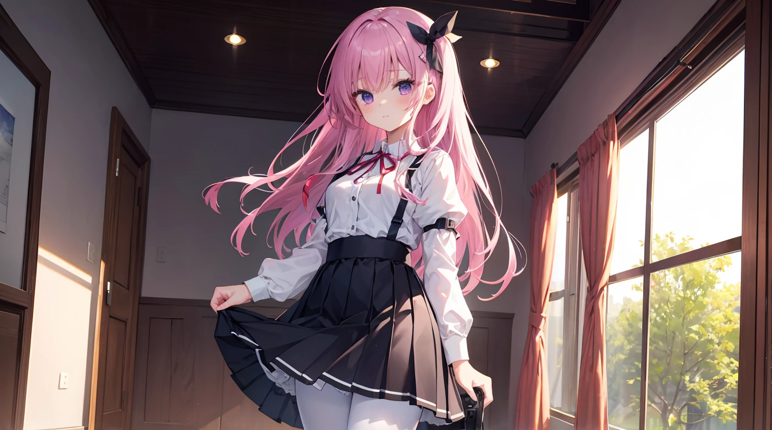 one-girl，solo,Purple eye，167cm height，55cm bust，RAW photogr, Camera gaze, ((quality, 8K, tmasterpiece: 1.3)), Focus sharp: 1.2, 白色maidennurse服装，maidennurse, black short skirt，, mitsukasa ayase,Purple eye，Pink medium long hair， Smaller,, (natural soft light, : 1.1), Indoors，Indoors大厅里，, White transparent pantyhose，7 figures