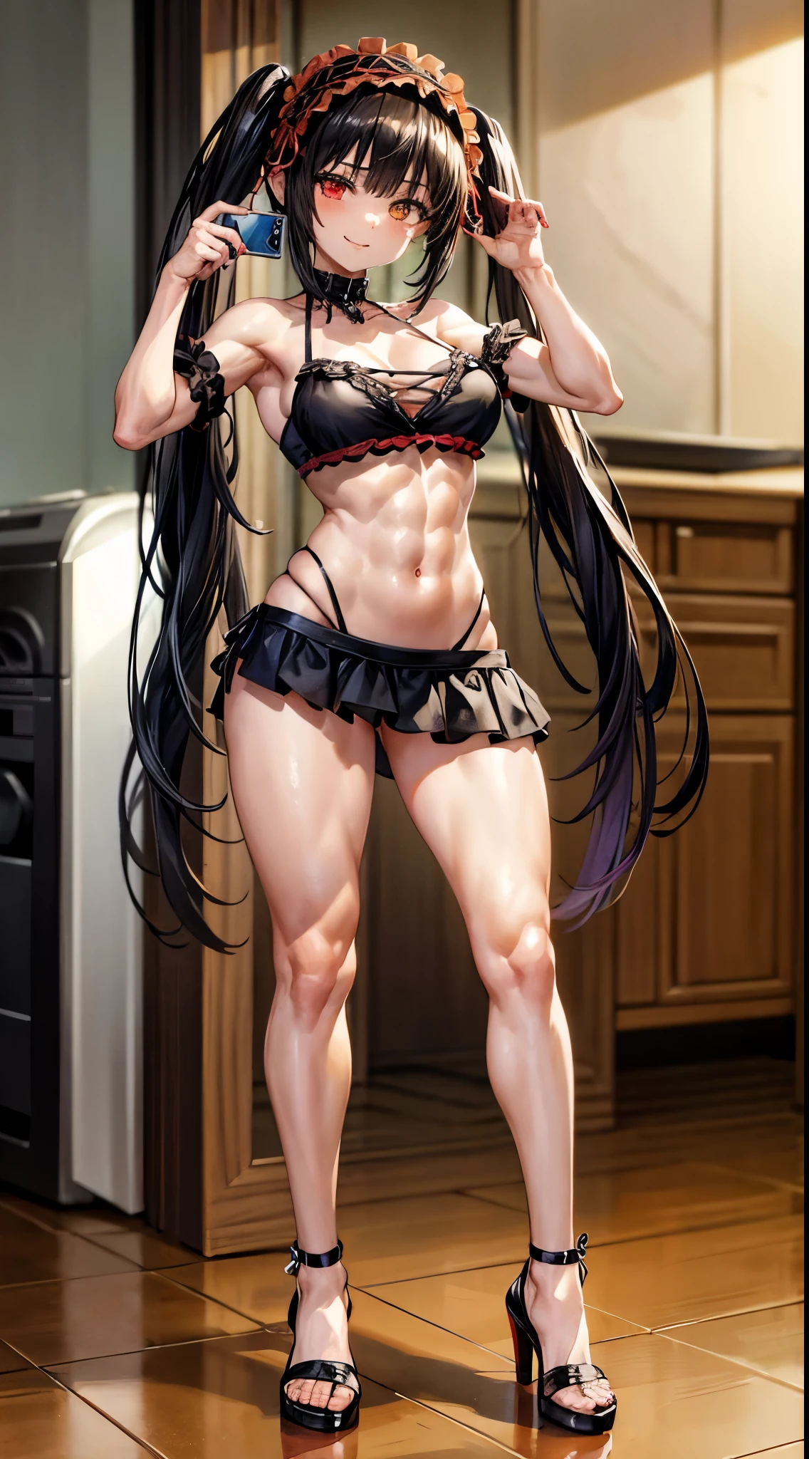 1 girl, bare shoulders, black hair, medium breasts, (muscular legs), muscular belly, wide hips, thin waist, (((clock eyes))), (wearing a very short and sexy bikini), (((no motel room))), full body, hairband, (taking selfie), standing, heterochromia, black high heel shoes, ta hairband, long hair, red eyes, smile, alone, symbol-shaped pupils , (Kurumi tokisaki), (twintails), yellow eyes