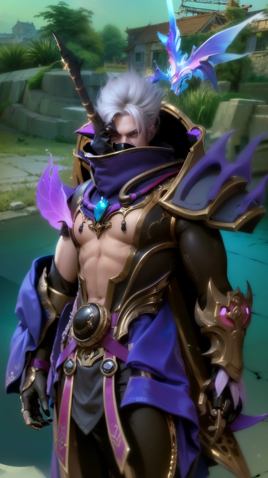 masculine male, masterpiece, ((perfect eyeest quality, (semirealism:1.9), beautiful lighting, (extremely detailed CG unity 4k fhd wallpaper), High Detail, Sharp focus, dramatic outdoors, 1 boy ,19 years old, white hair, light purpel eyes, mask, demon armor, demon ninja.