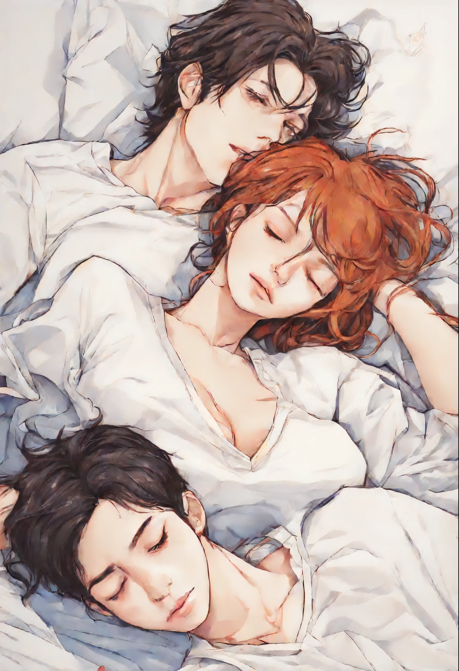Anime drawing of a man and a woman, cuddling in bed, artgerm and genzoman, Nick Silva and Ilya Kuvshinov, Lovers melt in bed, Eizan Kikukawa, Kim Hwan Gi, Hajime Isayama Style, Harumi Hironaka, by Li Mei-shu, Rei Kamoi, yaoi