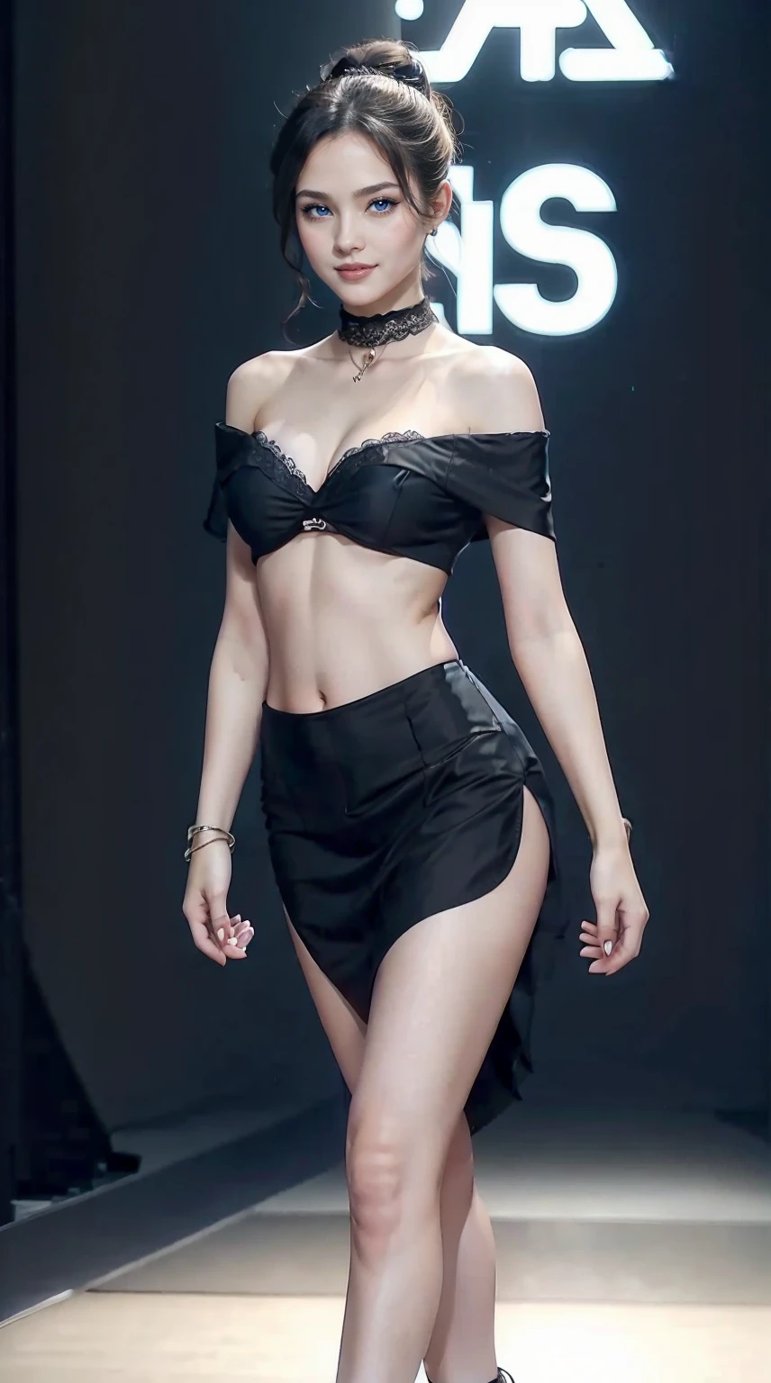 25-year-old Caucasian woman、bionde、blue eyess、Longhaire、My hair is wavy、I'm wearing eyeshadow and lipstick、accessories on the wrist、wearing a choker、Shiny skin、setting hair、a smile、slim muscular body、I don't want my head to disappear from the screen.、I'm wearing high heels、Wearing an off-shoulder top with lace、Abs are cracked、I can see the belly button、I'm wearing a mini-length pleated skirt、I'm wearing high heels、Walking down the fashion show runway
