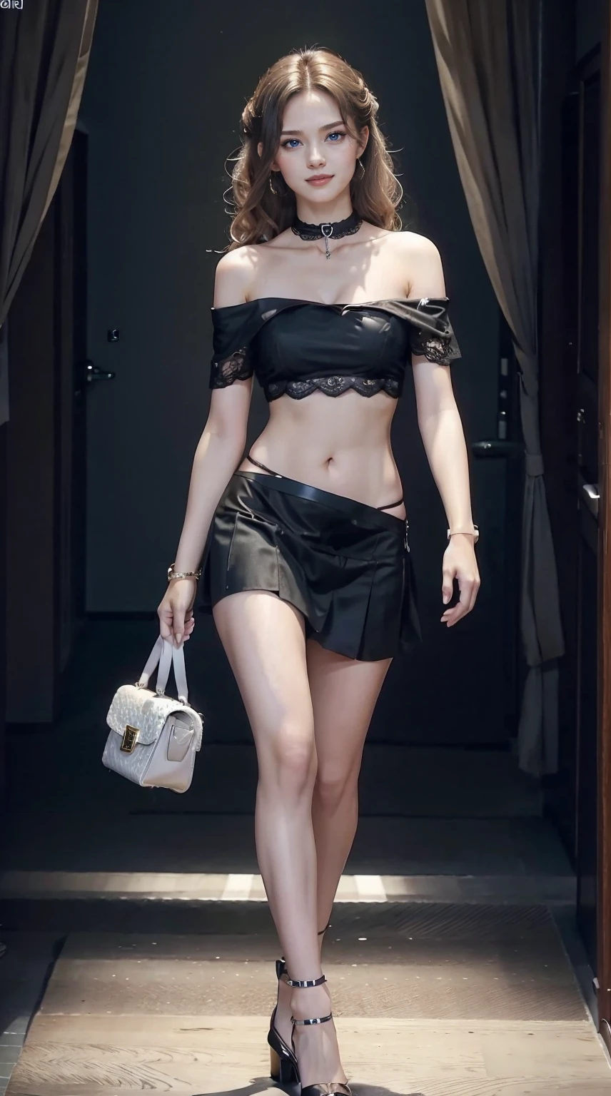 25-year-old Caucasian woman、bionde、blue eyess、Longhaire、My hair is wavy、I'm wearing eyeshadow and lipstick、accessories on the wrist、wearing a choker、Shiny skin、setting hair、a smile、slim muscular body、I don't want my head to disappear from the screen.、I'm wearing high heels、Wearing an off-shoulder top with lace、Abs are cracked、I can see the belly button、I'm wearing a mini-length pleated skirt、I'm wearing high heels、Walking down the fashion show runway
