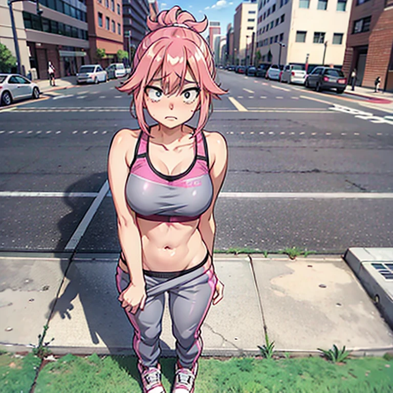 Sexy woman, pink sports bra, grey sweatpants, pants falling down, showing panties, sneakers, outside, full body, crowded city, embarassed, shy, sexy, standing