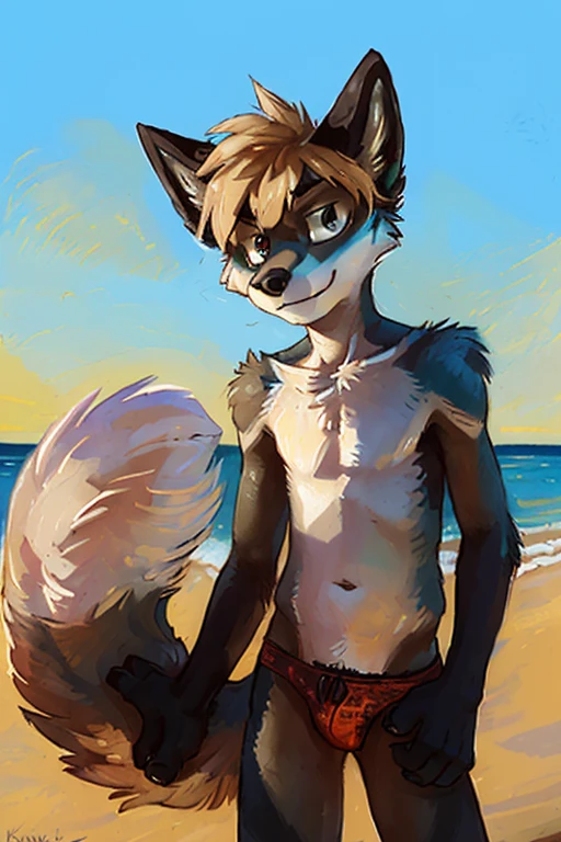 wolf, boy, small, slender, day, ((twink)), detailed, uploaded to e621, beautiful and detailed portrait of an anthropomorphic boy ((male))) kenket, uploaded to e621, beach, lace speedo, fluffy tail, fauxhawk