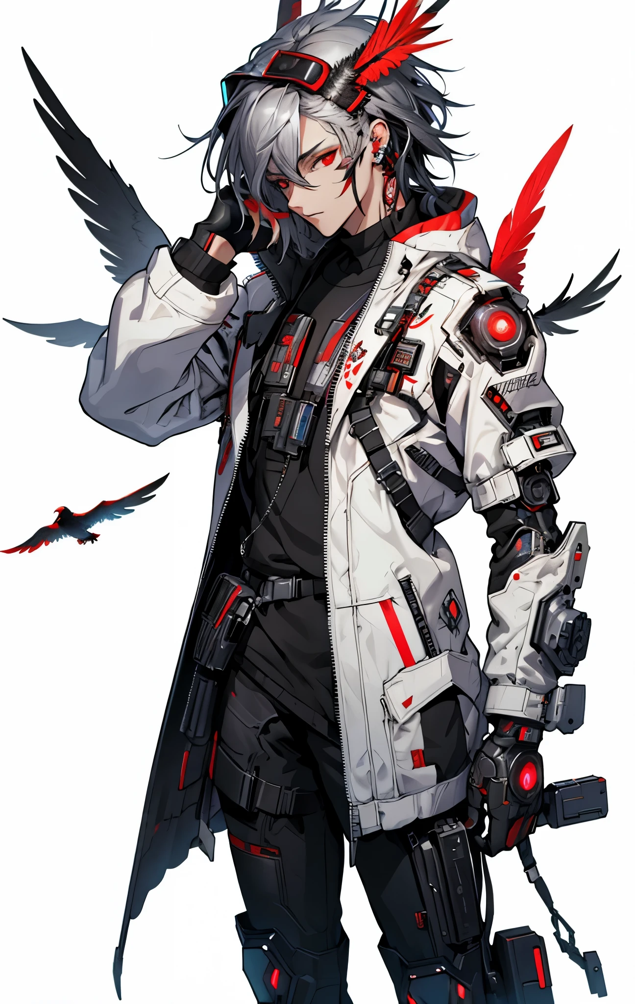 Best quality at best, 4K, transparent background, exquisite artwork, cyberpunk character, body becomes machine, red eyes, Black feathers are flying everywhere, silber hair, Male characters