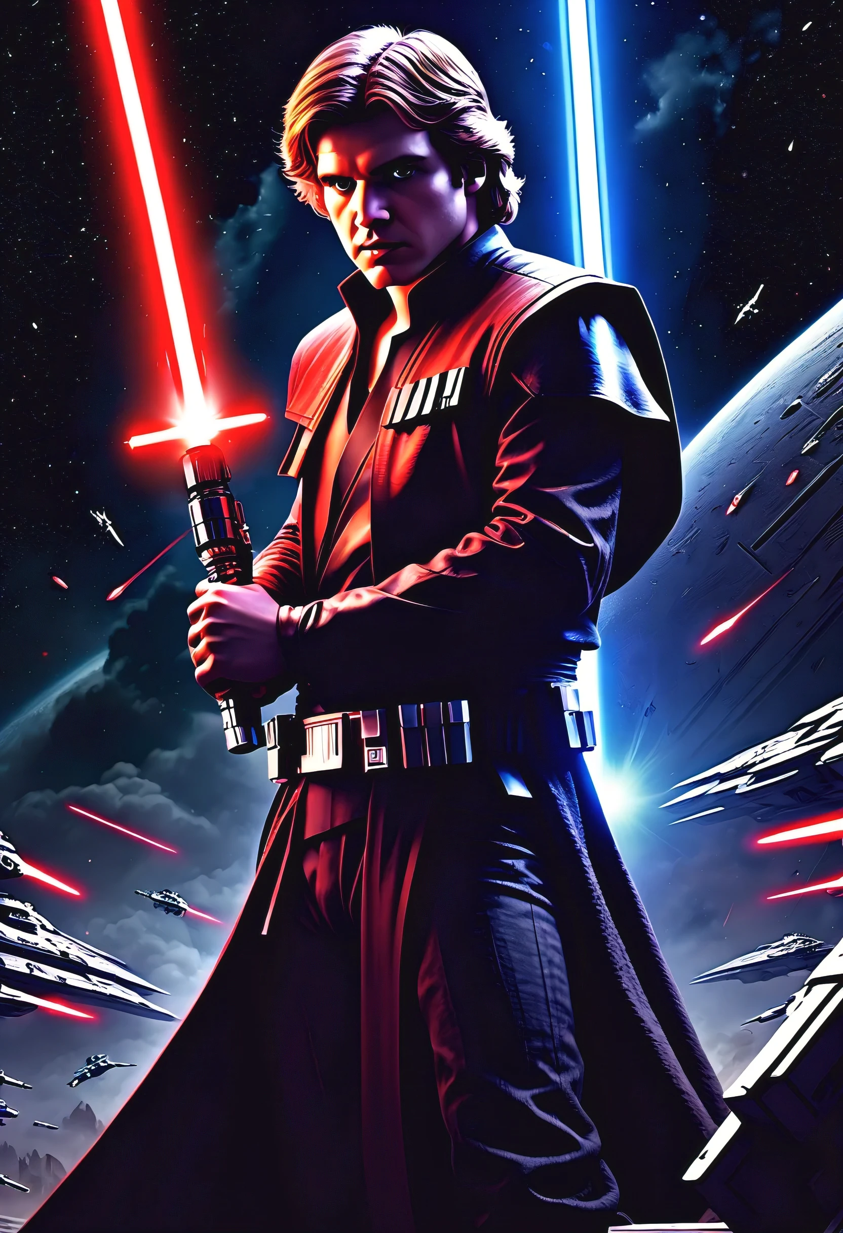 Anakin Skywalker,escolhido,strong with the Force,fundo escuro e sinistro,sabre de luz vermelho, Stormtroopers, Tecnologia futurista, iconic spaceships,Intergalactic Battle,Epic Duel of Sabres de Luz,emocionalmente em conflito,A Galactic Republic,THE FORCE,powerful strength abilities,Fierce determination,destined for greatness,hug from the dark side,intense and dramatic,Heroic sacrifice,iconic characters,escuro e chocante,duelo de destinos,epic space opera, cosmic conflict, intenso e imersivo, grandeza e escala,Han Solo,Jateadores a Laser,combate com sabre de luz,Galactic Empire,The Empire Strikes Back,enigmatic Sith Lord,war-torn galaxy.