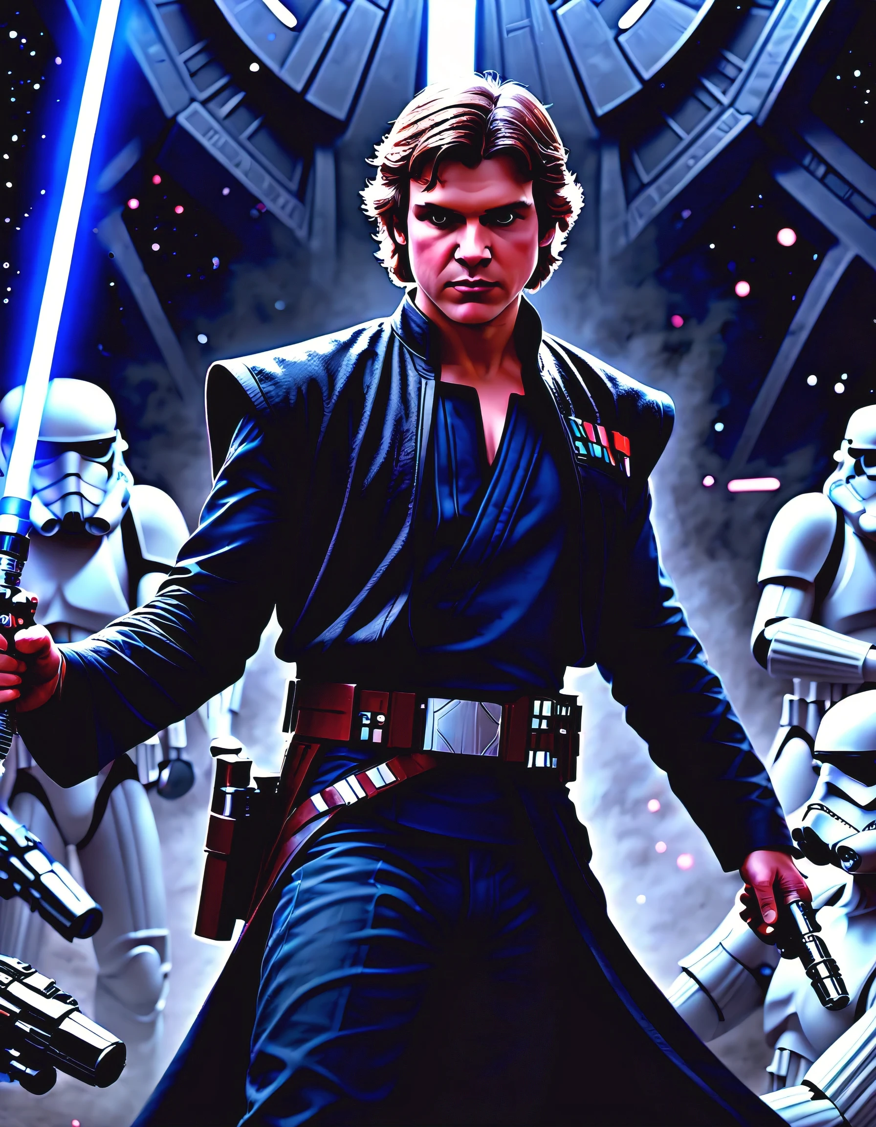 Anakin Skywalker,escolhido,strong with the Force,fundo escuro e sinistro,sabre de luz vermelho, Stormtroopers, Tecnologia futurista, iconic spaceships,Intergalactic Battle,Epic Duel of Sabres de Luz,emocionalmente em conflito,A Galactic Republic,THE FORCE,powerful strength abilities,Fierce determination,destined for greatness,hug from the dark side,intense and dramatic,Heroic sacrifice,iconic characters,escuro e chocante,duelo de destinos,epic space opera, cosmic conflict, intenso e imersivo, grandeza e escala,Han Solo,Jateadores a Laser,combate com sabre de luz,Galactic Empire,The Empire Strikes Back,enigmatic Sith Lord,war-torn galaxy.