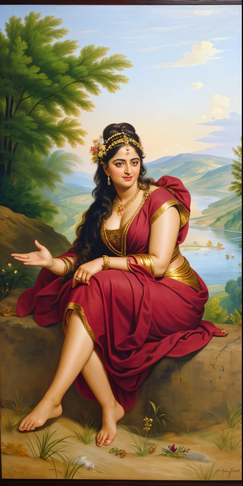 Looks like Anushka Shetty, Masterpiece, Best quality, high clarity eyes, beautifully styled hair, critically flawless,sharp picture, Full portrait, High pixels, perfect face, perfect eyes, beautiful face, perfect hands,perfect fingers, in Peter Paul Rubens style, by Peter Paul Rubens, baroque style, acrylic on canvas, highly detailed, description: "Create a nymph inspired by the tales of Greek or Roman mythology, embodying the essence of a natural element or location, and possessing a unique ability or trait that sets her apart."