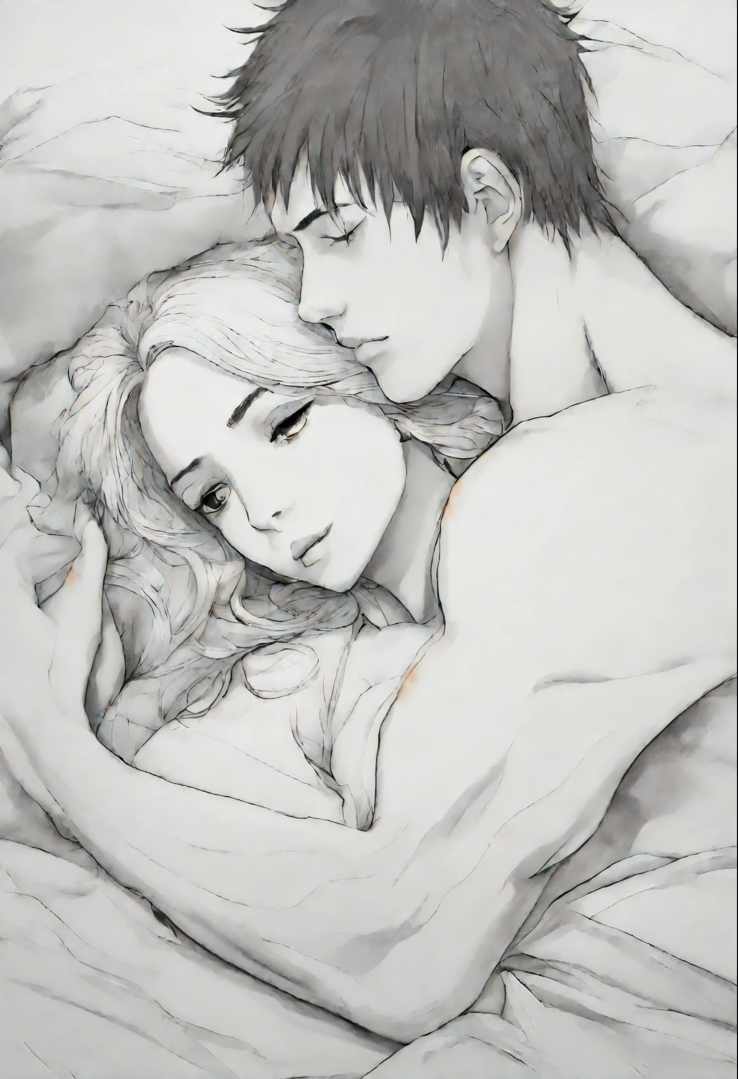 Anime style, She had no strength left to resist, when he picked her up and, removing pillows, started laying. She felt his hands on her skin, calloused and warm, anatomically correctly drawn body