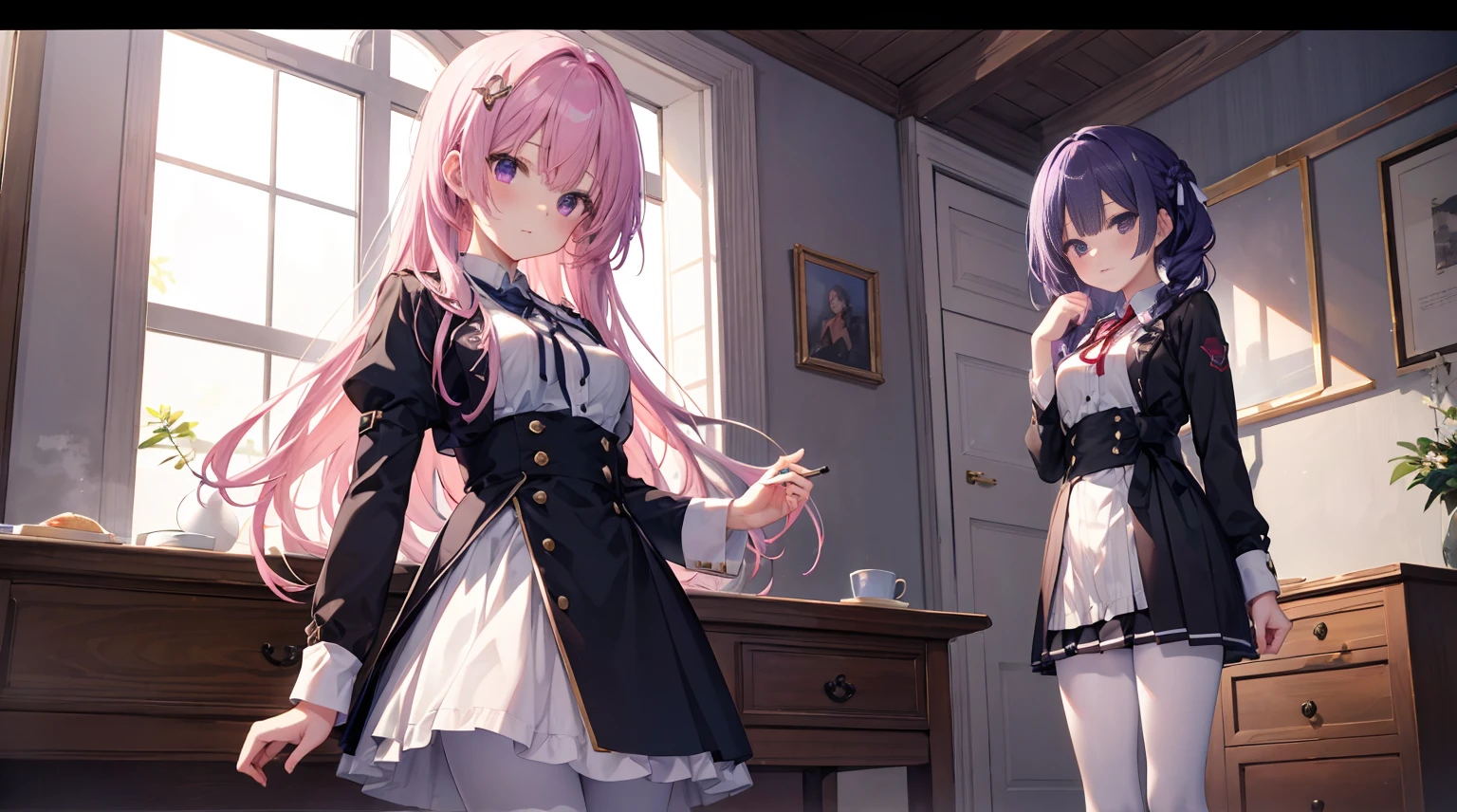 2D two-dimensional purple long-haired girl half kneeling on the bed on the slipping of the dress she was wearing