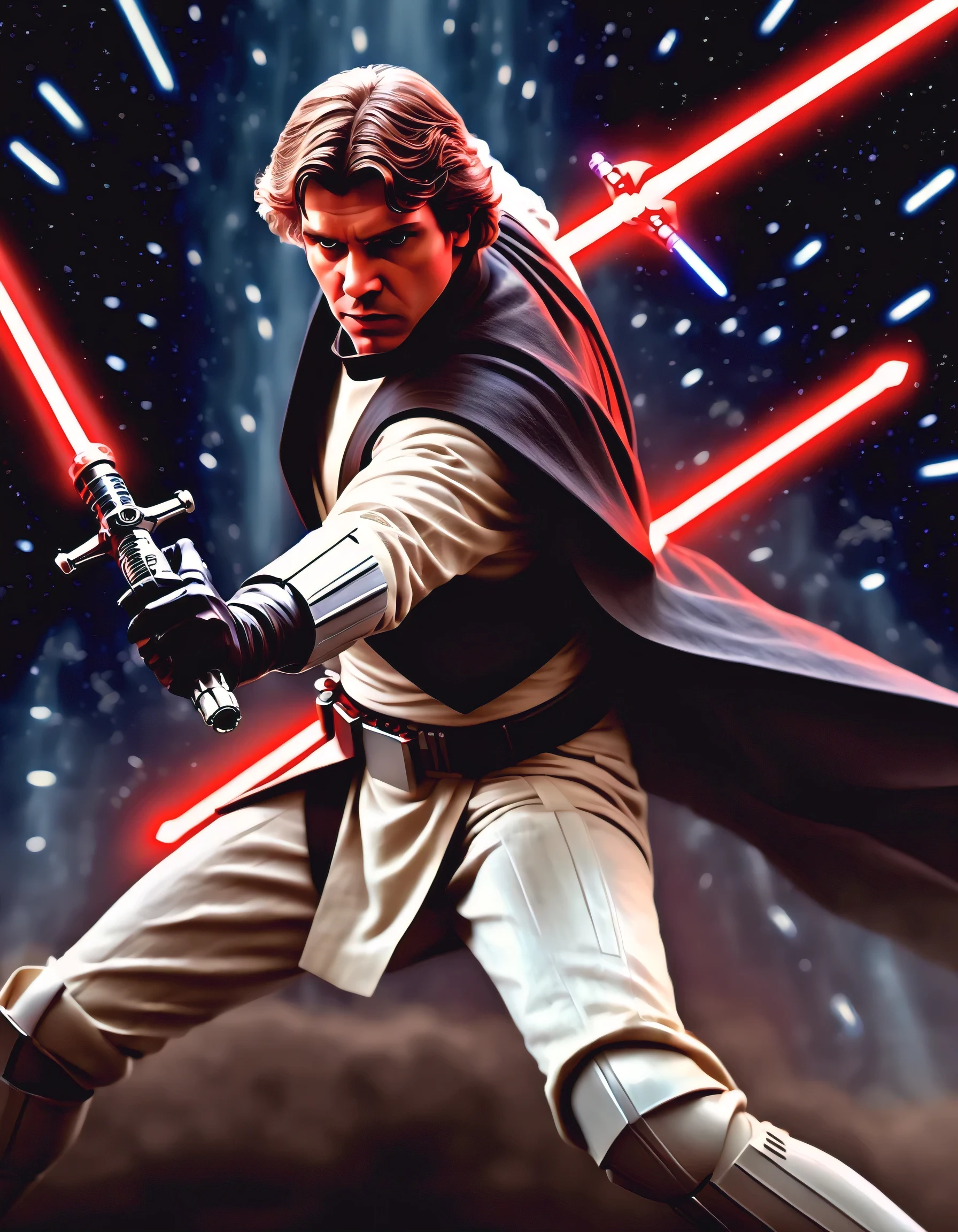 Anakin Skywalker,escolhido,strong with the Force,fundo escuro e sinistro,sabre de luz vermelho, Stormtroopers, Tecnologia futurista, iconic spaceships,Intergalactic Battle,Epic Duel of Sabres de Luz,emocionalmente em conflito,A Galactic Republic,THE FORCE,powerful strength abilities,Fierce determination,destined for greatness,hug from the dark side,intense and dramatic,Heroic sacrifice,iconic characters,escuro e chocante,duelo de destinos,epic space opera, cosmic conflict, intenso e imersivo, grandeza e escala,Han Solo,Jateadores a Laser,combate com sabre de luz,Galactic Empire,The Empire Strikes Back,enigmatic Sith Lord,war-torn galaxy.