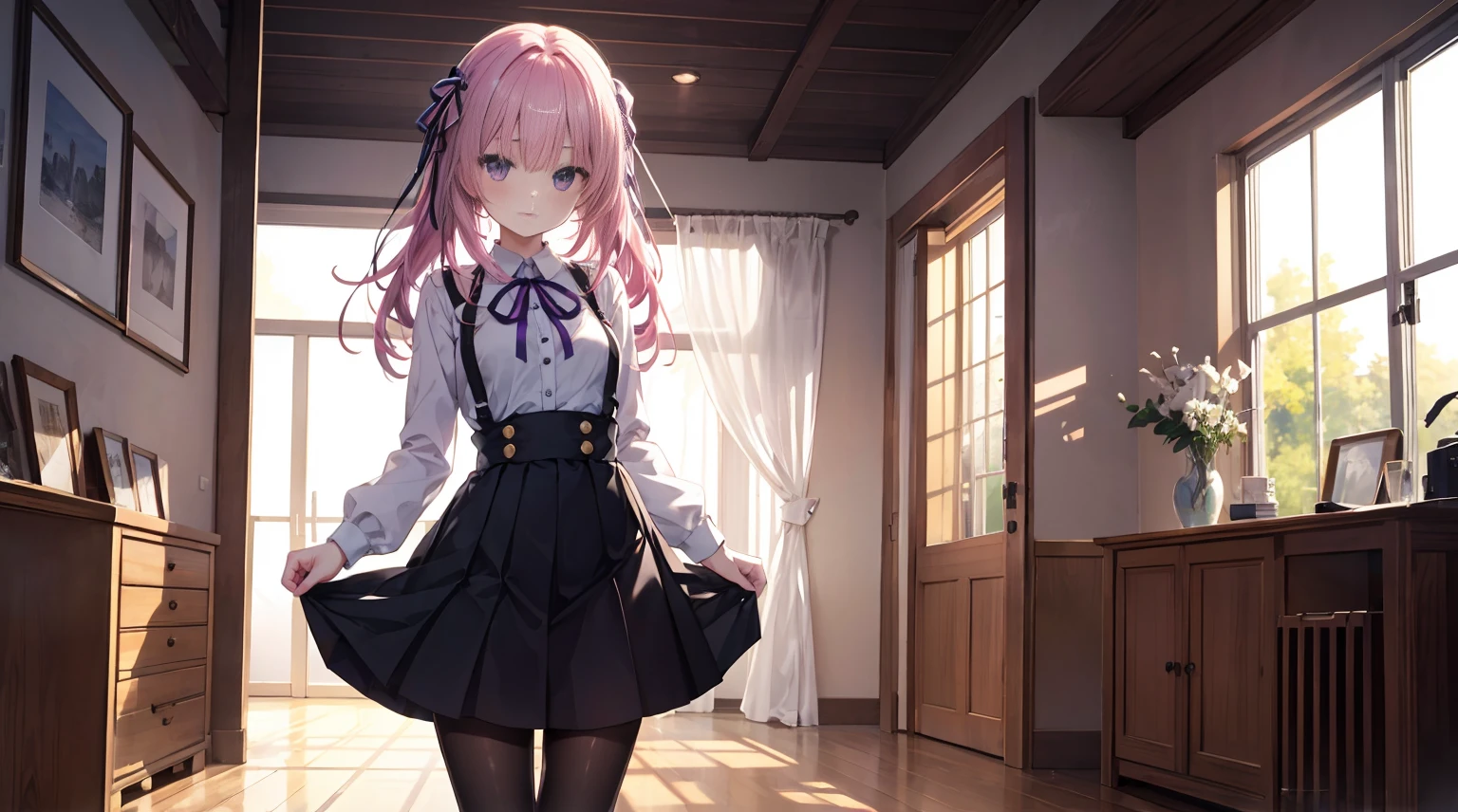 Beautiful illustration、highest qualityr、Cute girls、dormitorio、Un pelo rosado、longitud corta del cabello、(((falda plisada rosa)))、(((Traje de marinero rosa)))、mangas cortas、teta enorme、un ombligo、Levantar la falda con las manos、Mostrar bragas blancas、Pull up your skirt and show your panties、con las piernas desnudas、ojos azules、en las camas、Muslos encantadores、muslo brillante, lentes, momasturbandose