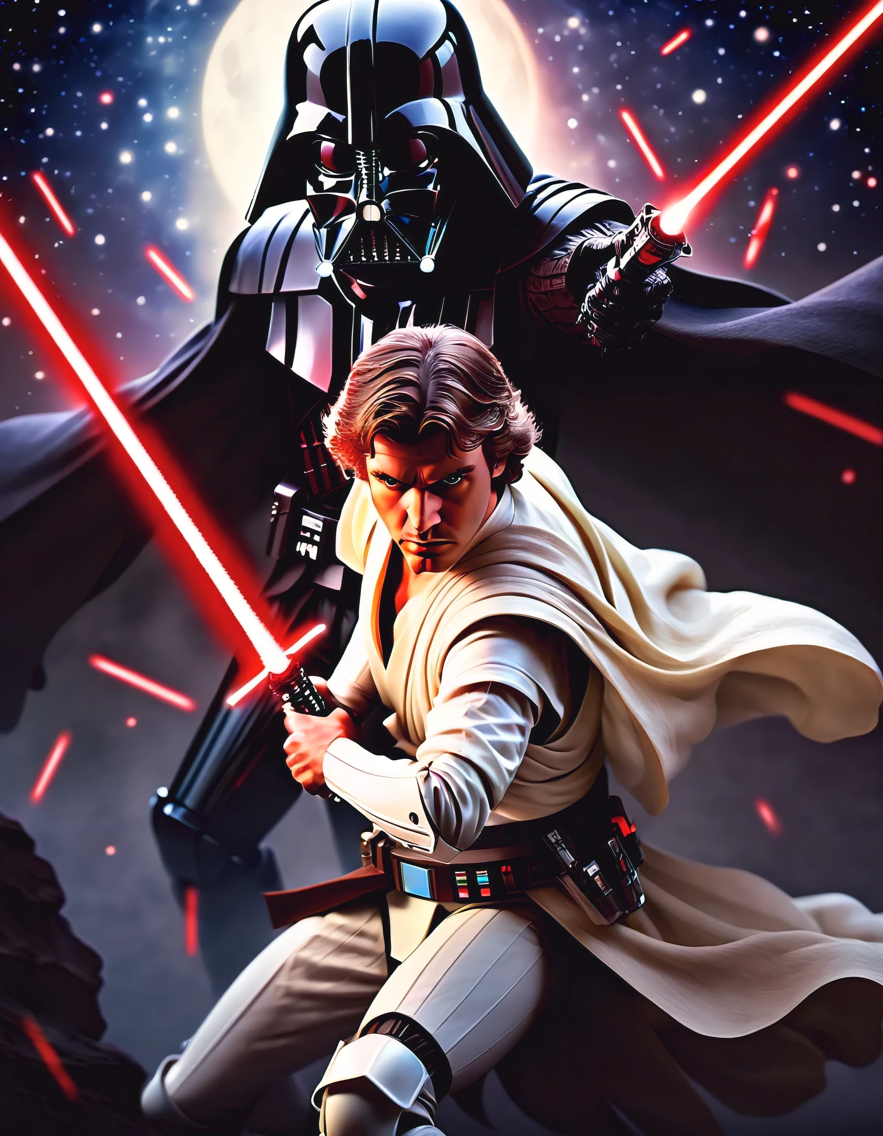 Anakin Skywalker,escolhido,strong with the Force,fundo escuro e sinistro,sabre de luz vermelho, Stormtroopers, Tecnologia futurista, iconic spaceships,Intergalactic Battle,Epic Duel of Sabres de Luz,emocionalmente em conflito,A Galactic Republic,THE FORCE,powerful strength abilities,Fierce determination,destined for greatness,hug from the dark side,intense and dramatic,Heroic sacrifice,iconic characters,escuro e chocante,duelo de destinos,epic space opera, cosmic conflict, intenso e imersivo, grandeza e escala,Han Solo,Jateadores a Laser,combate com sabre de luz,Galactic Empire,The Empire Strikes Back,enigmatic Sith Lord,war-torn galaxy.