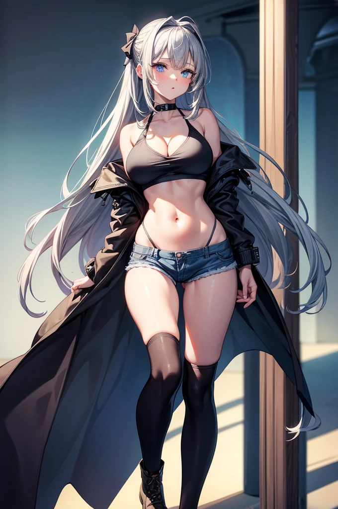 （Enrich the picture，Masterpiece level quality）Beautiful 8K CG artwork,1girl,solo,detailed face, perfect face, perfect eyes,blue eyes,Long Hair, pony tail,Very long hair,grey hair,chuckle,Slim and soft,big breasts,cleavage,Black Bikini,denim short shorts,open shorts,oversized white fur coat,white coat, open belly,open breasts,hands in coat pocket,combat boots,