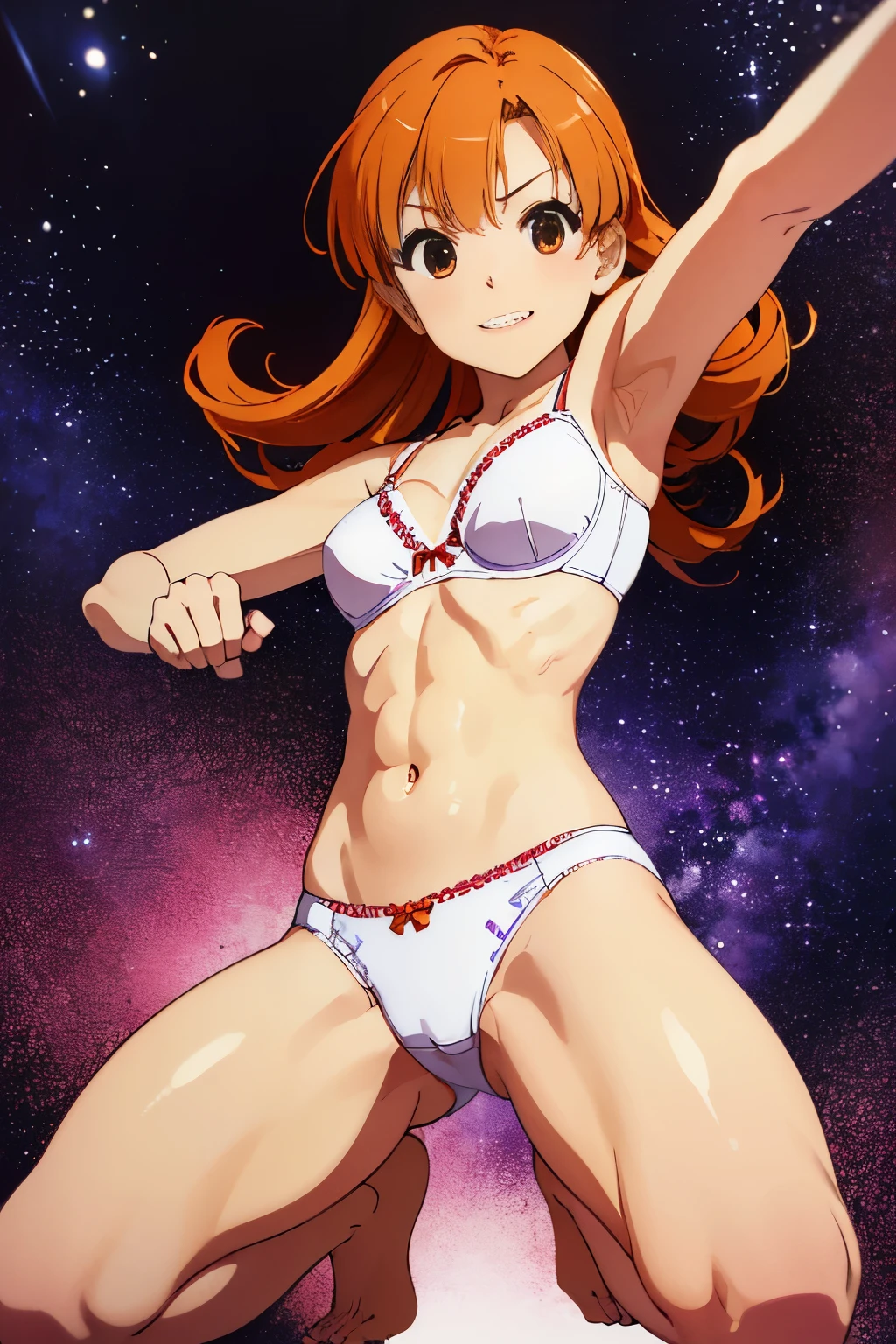 1girl in、hight resolution、masterpiece、Alena \(DQ4\)、Orange hair、A slender、well-muscled、Short stature、a smile、squatting、(((Sexual bra with detailed decoration、small white panties with detailed decorations)))、skinny thigh、Focus on the thighs、battle action、Kick、fighting action